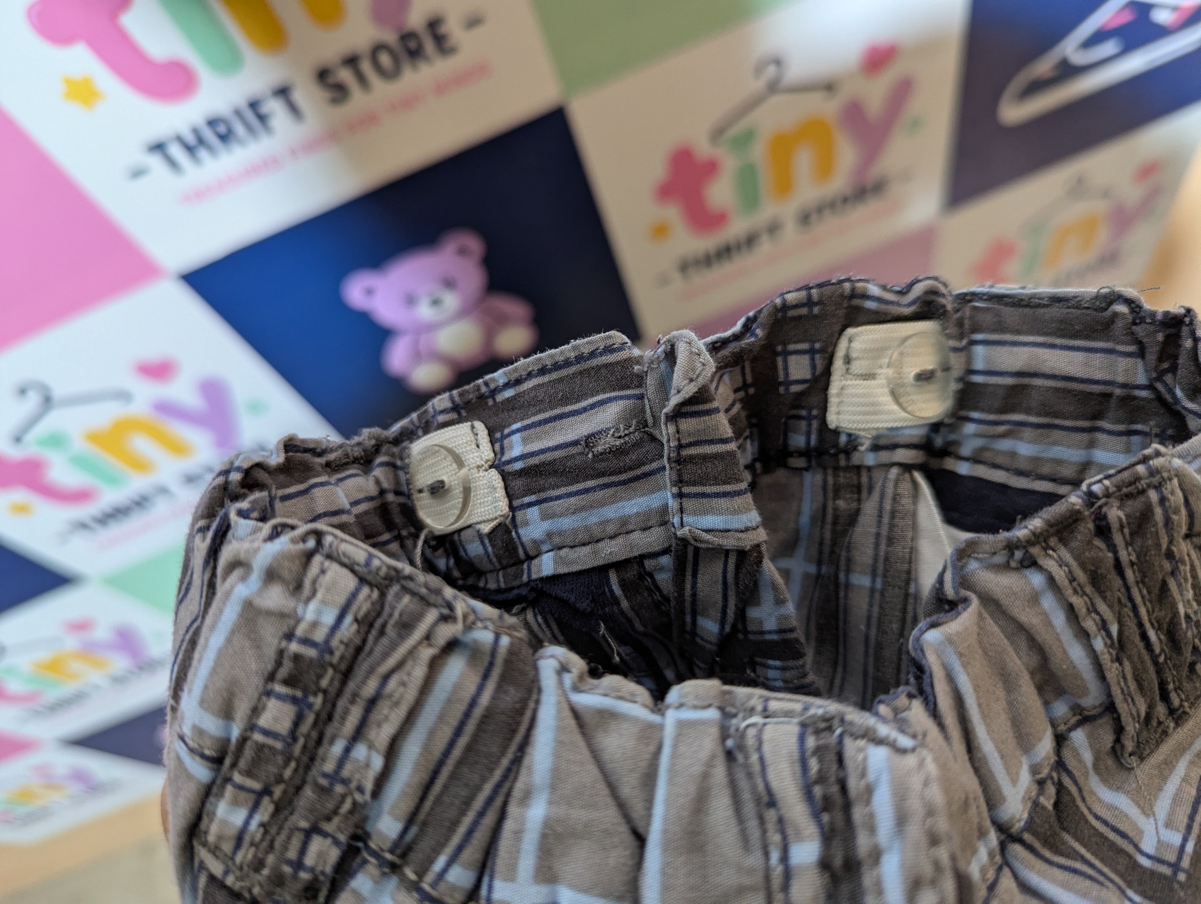 Okay! Boys Grey & Blue Plaid Cargo Trousers - Size Estimated Age 4 to 6 Months AB2