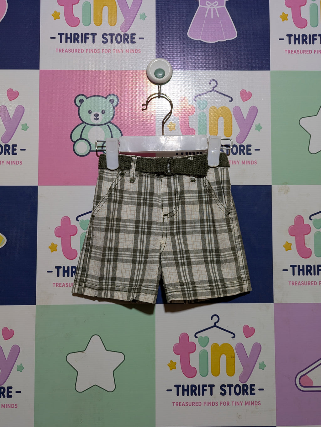 Urb Baby Boys Olive Green Plaid Casual Shorts - Size Estimated Age 9 to 12 Months AB2