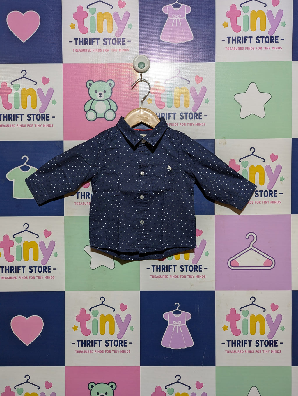 L.O.G.G. Boys Navy Blue Polka Dot Long Sleeve Button-Down Shirt - Size 4-6M Estimated Age 4-6 Months AB2