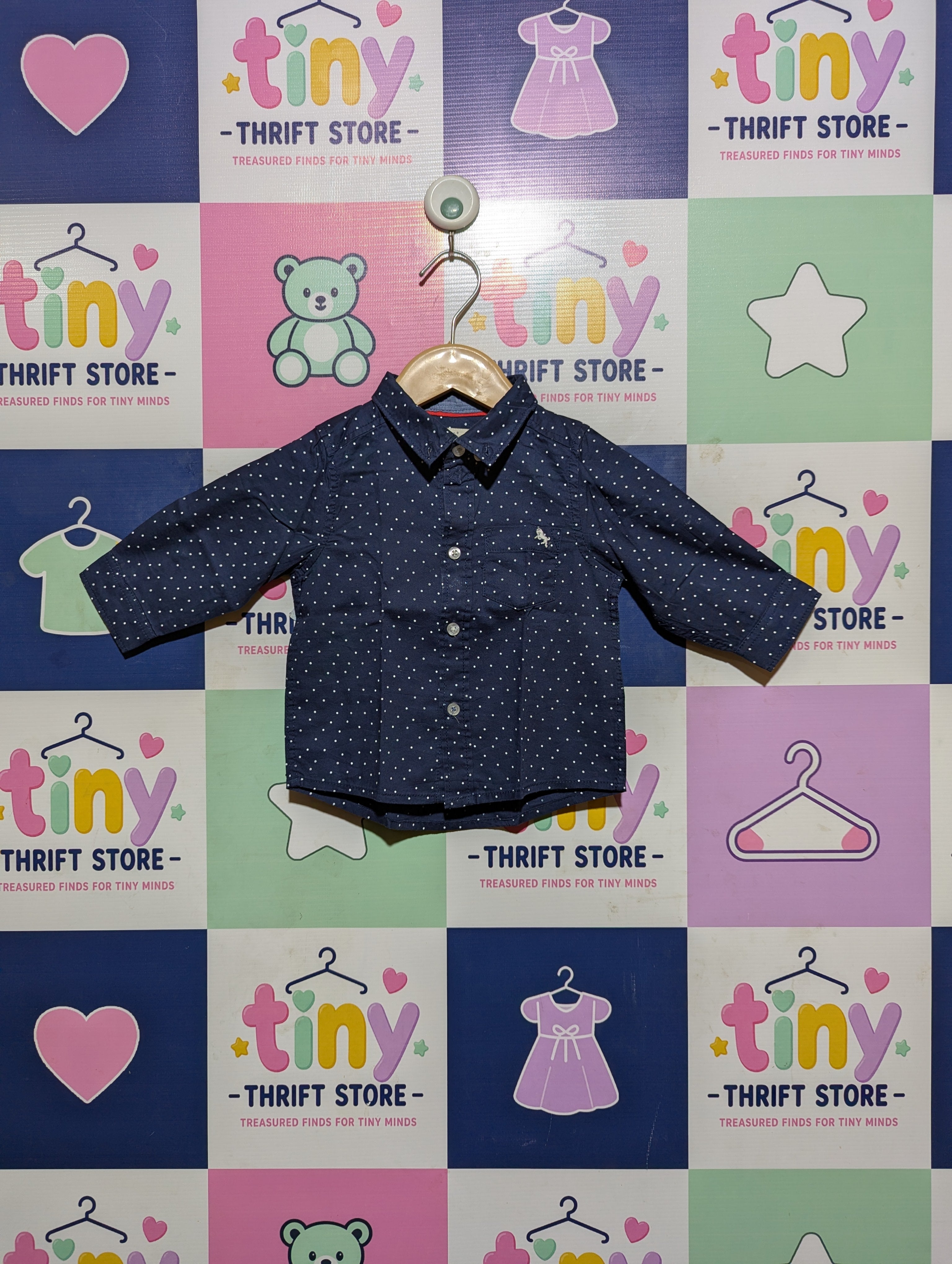L.O.G.G. Boys Navy Blue Polka Dot Long Sleeve Button-Down Shirt - Size 4-6M Estimated Age 4-6 Months AB2