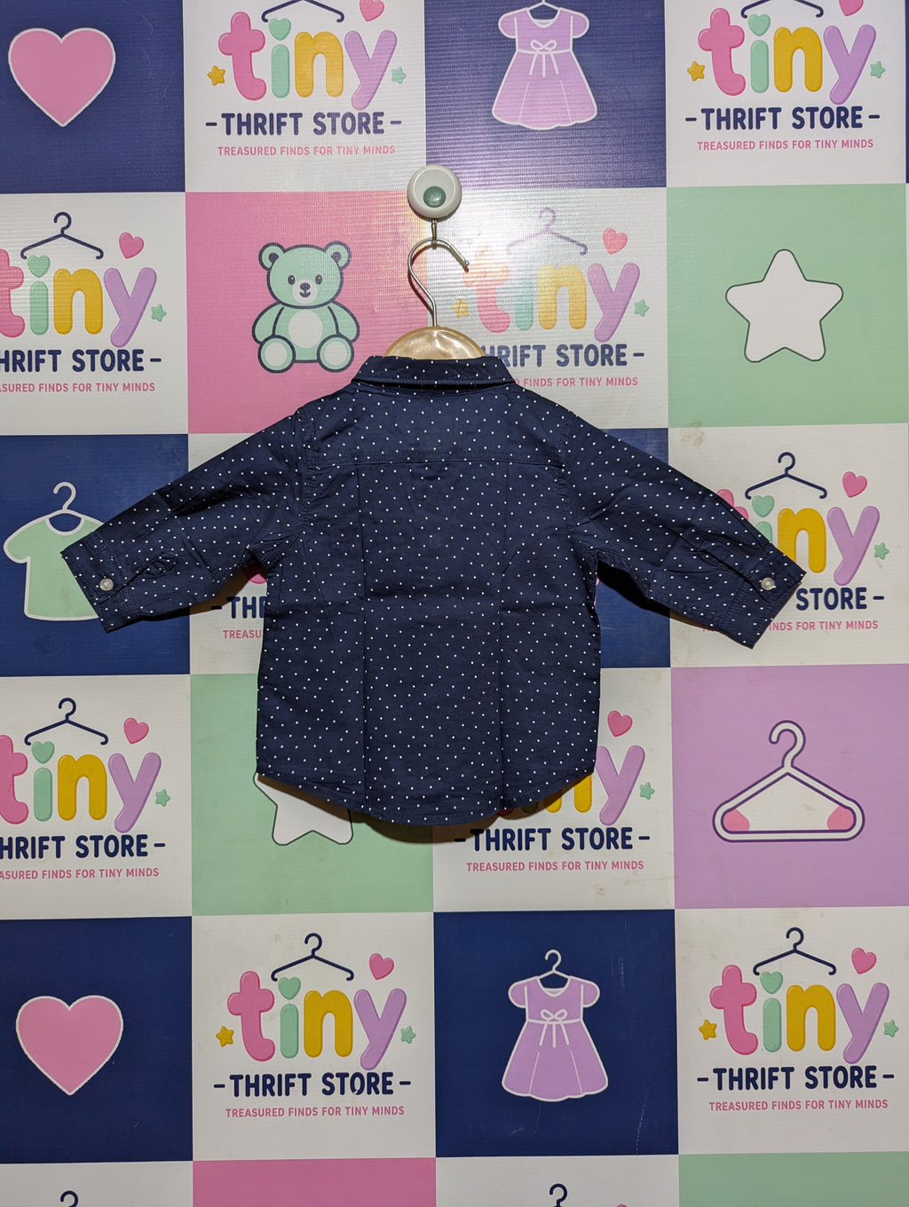 L.O.G.G. Boys Navy Blue Polka Dot Long Sleeve Button-Down Shirt - Size 4-6M Estimated Age 4-6 Months AB2