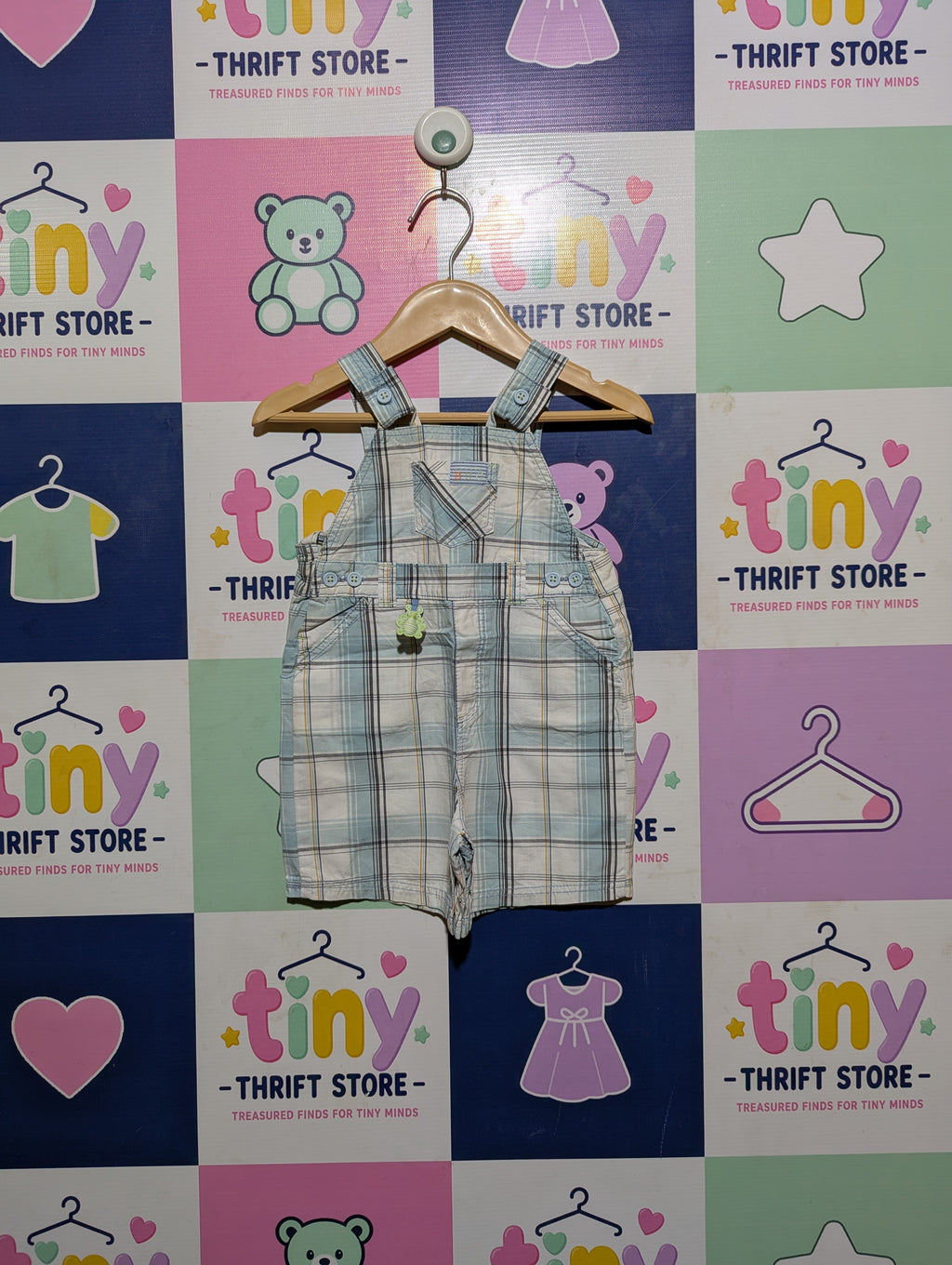 George Boys Light Blue & White Plaid Short Overalls - Size Estimated Age 3-6 Months AB2