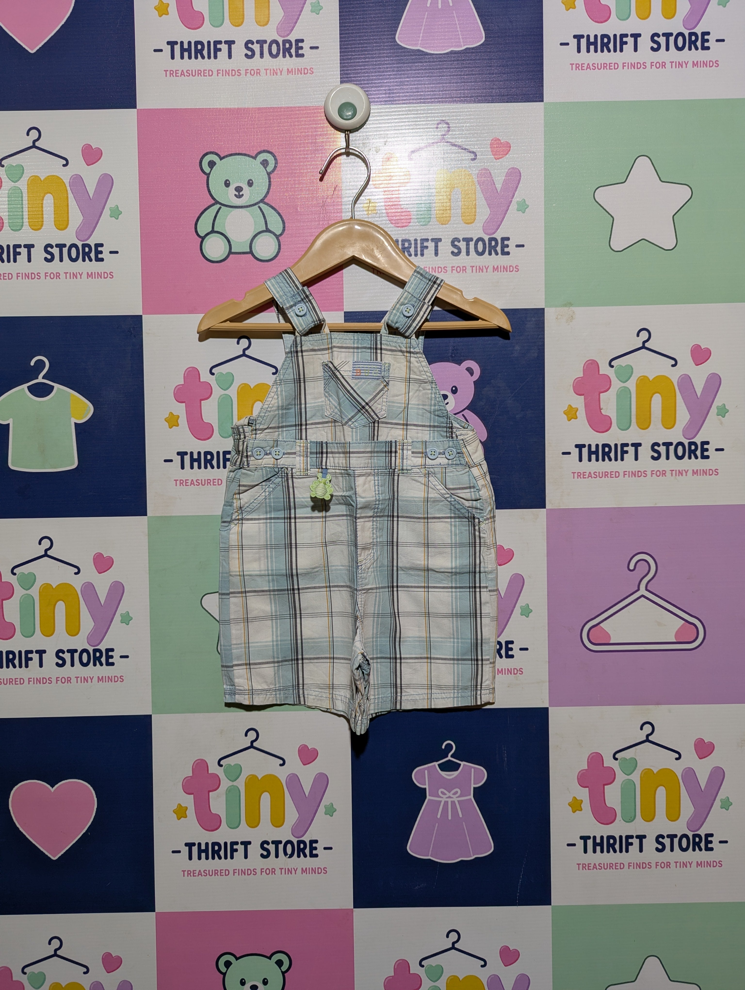 George Boys Light Blue & White Plaid Short Overalls - Size Estimated Age 3-6 Months AB2