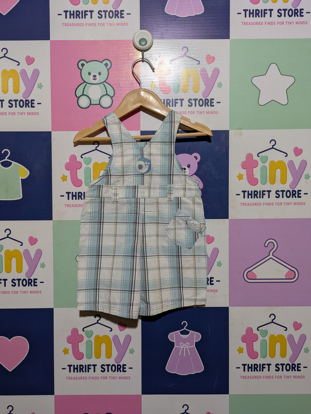George Boys Light Blue & White Plaid Short Overalls - Size Estimated Age 3-6 Months AB2