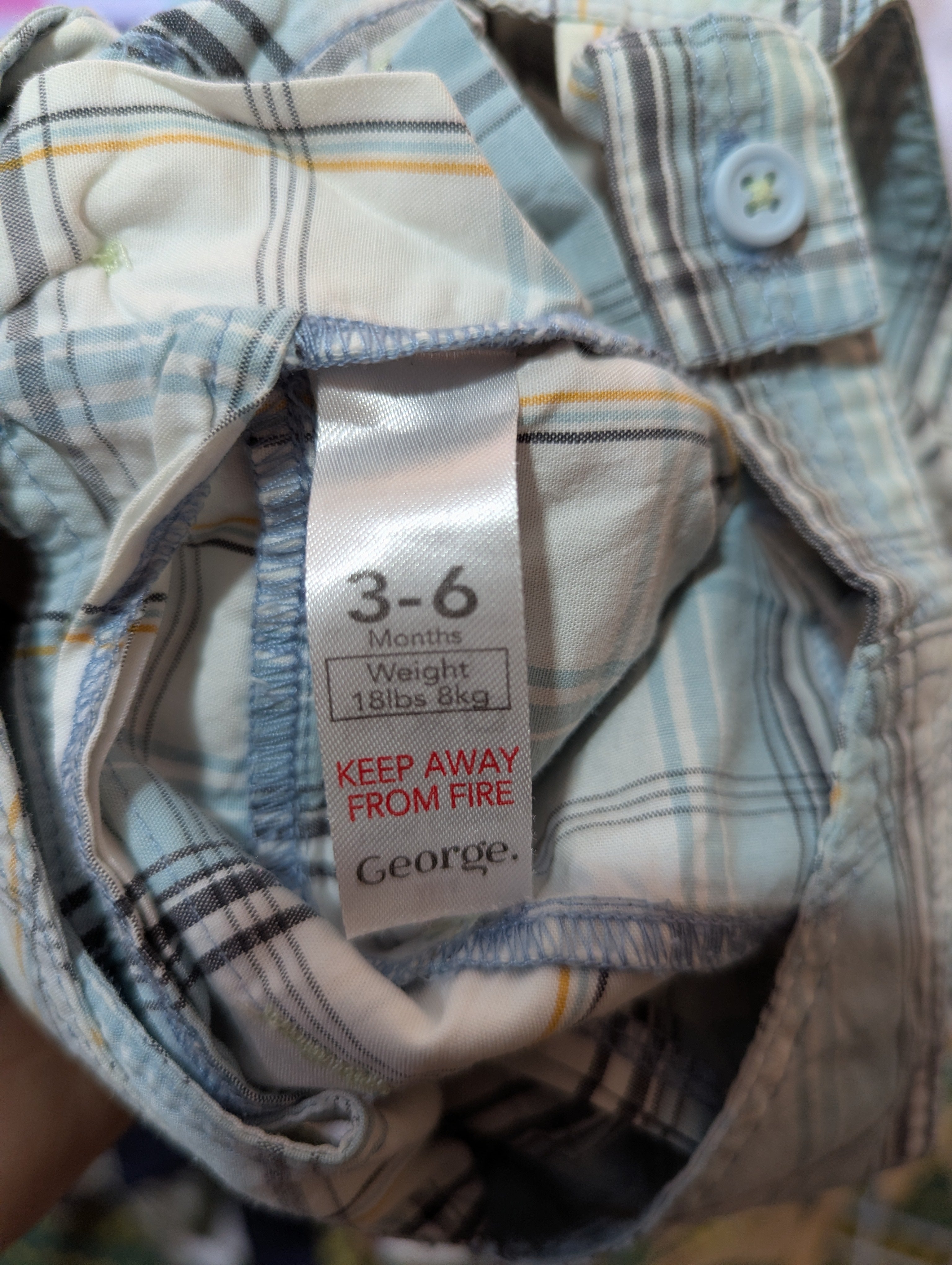 George Boys Light Blue & White Plaid Short Overalls - Size Estimated Age 3-6 Months AB2