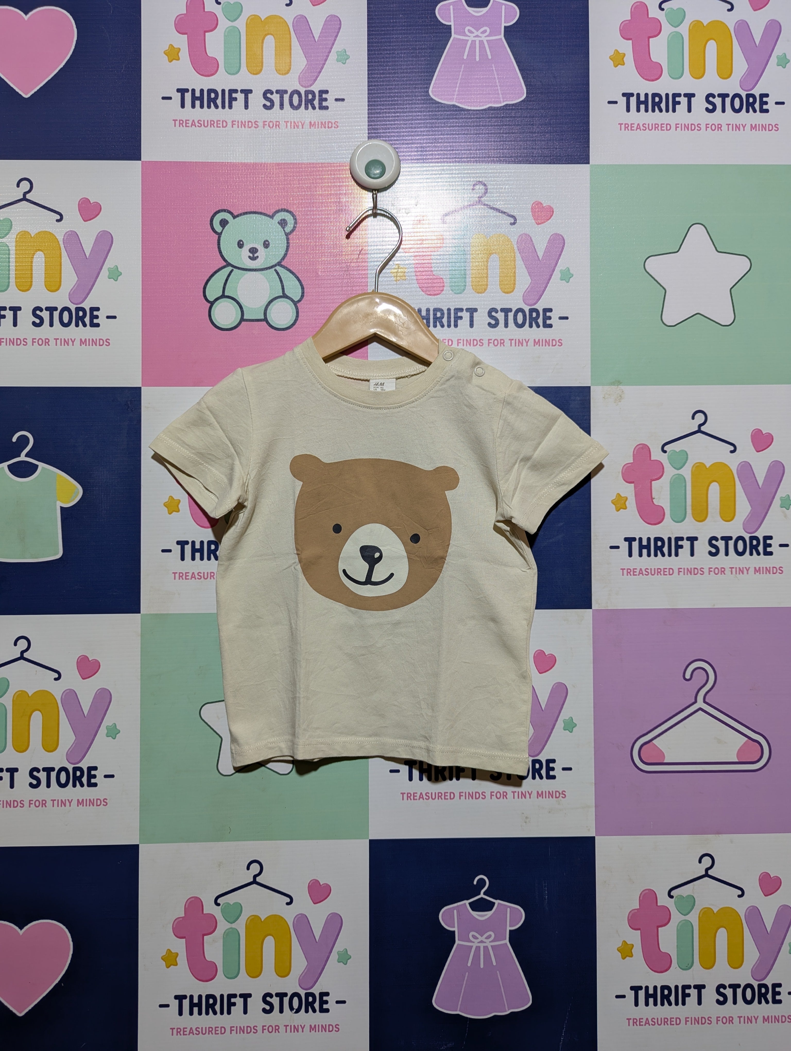 H&M Baby Boys Cream "Teddy Bear Face" Short Sleeve Tee - Size Estimated Age 12-18 Months AB2