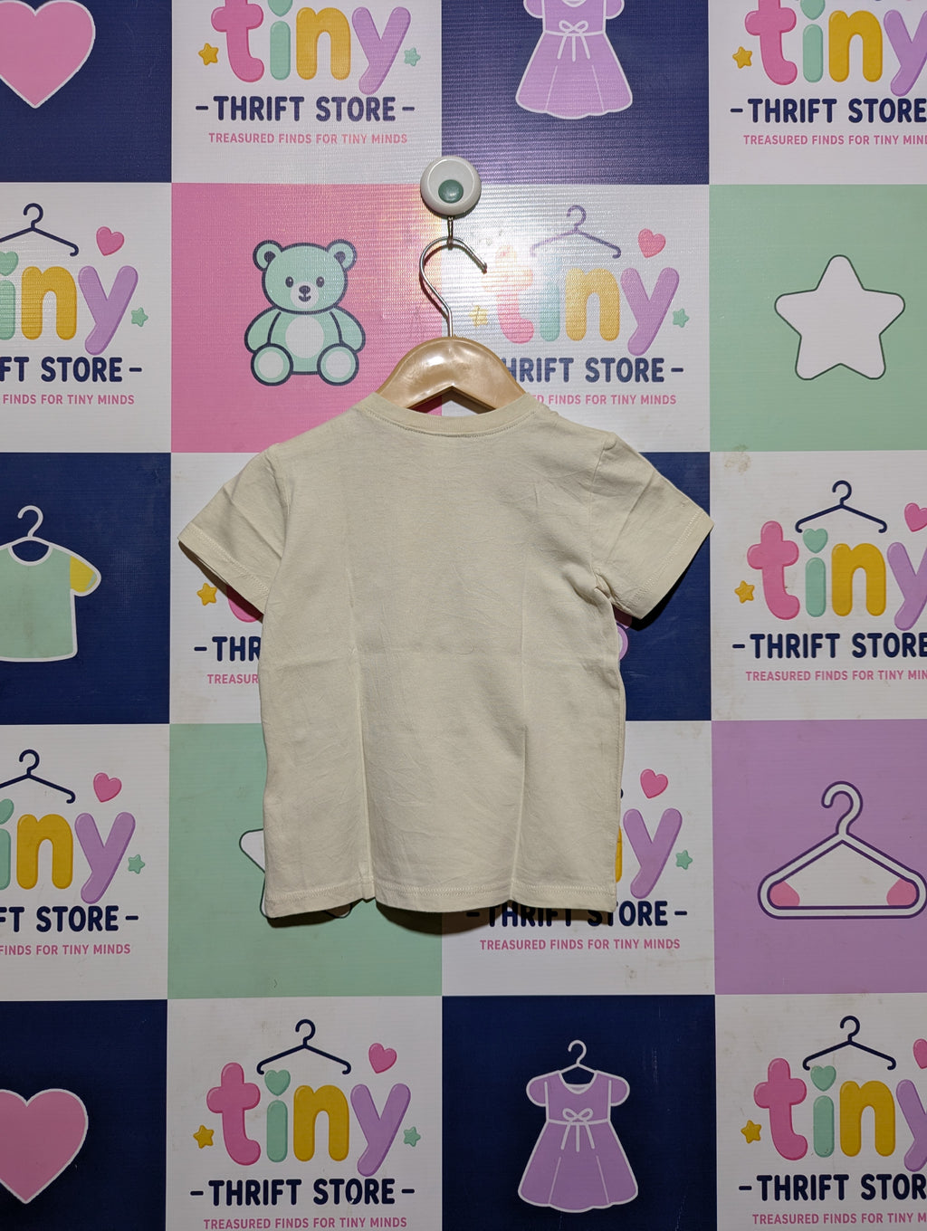H&M Baby Boys Cream "Teddy Bear Face" Short Sleeve Tee - Size Estimated Age 12-18 Months AB2
