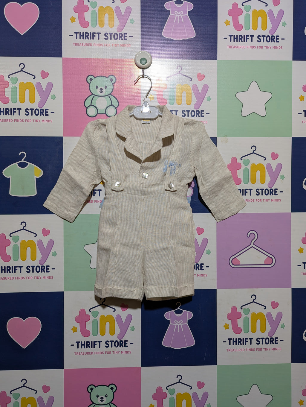 Blukids Baby Boys Beige Striped Long Sleeve Romper Set - Size Estimated Age 9 Months AB2