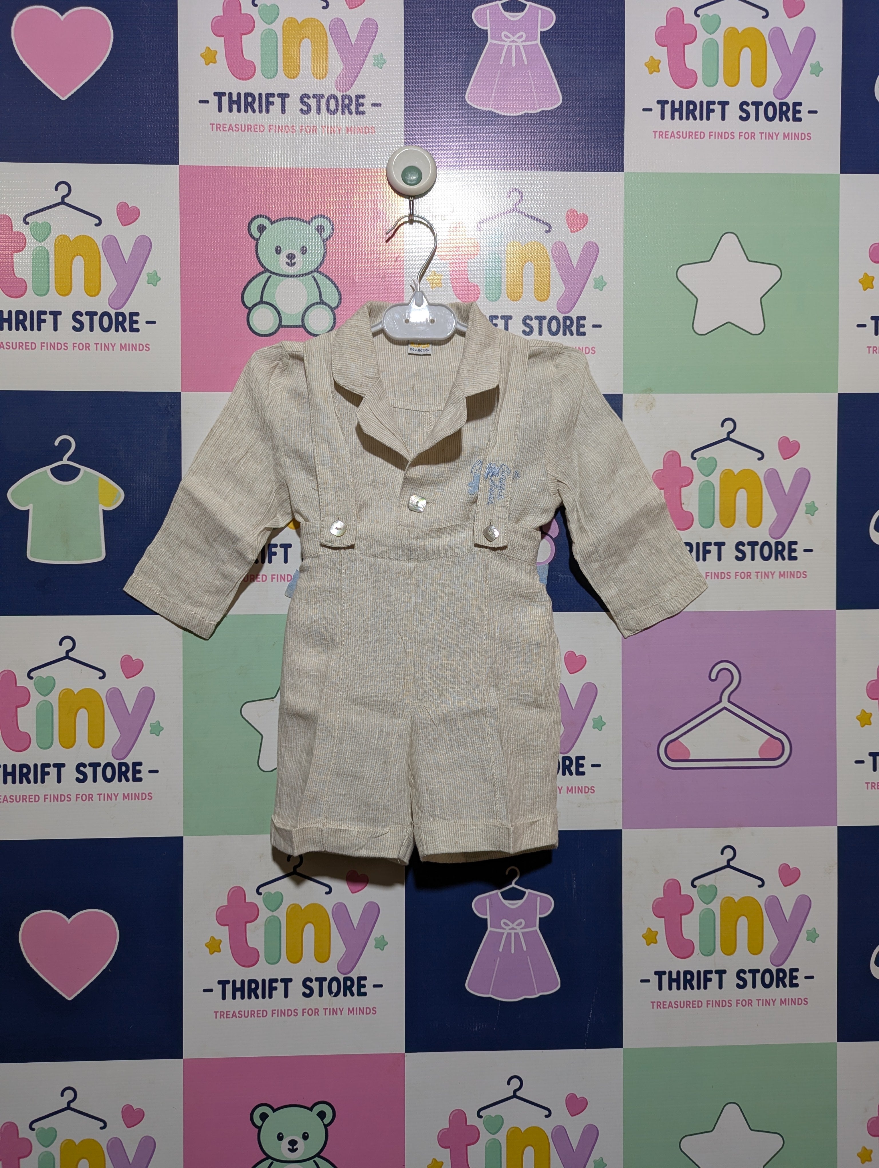 Blukids Baby Boys Beige Striped Long Sleeve Romper Set - Size Estimated Age 9 Months AB2
