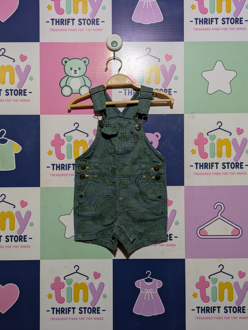 Prenatal Baby Boys Green Tropical Leaf Print Short Overalls - Size Estimated Age 6-9 Months AB2