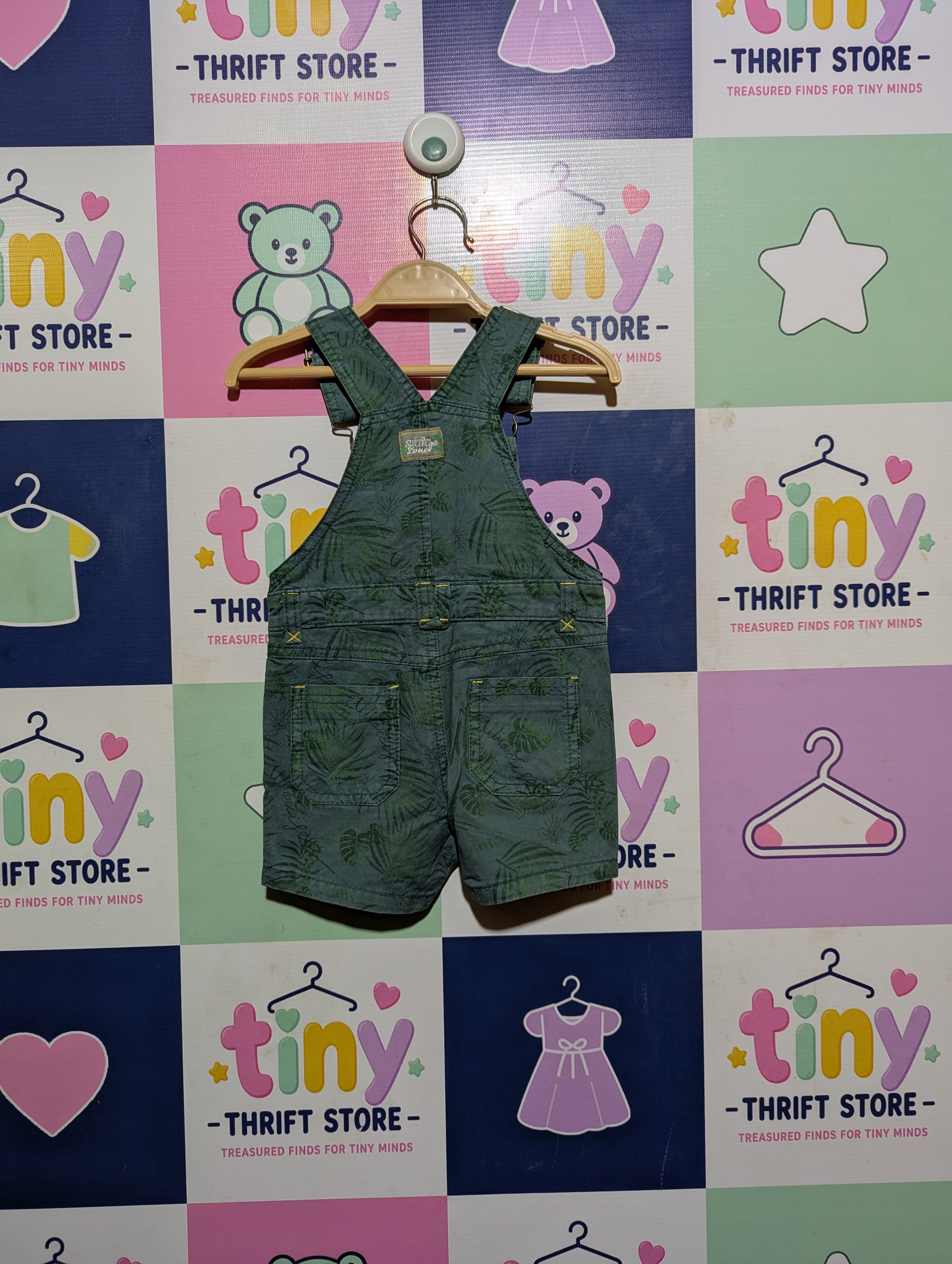 Prenatal Baby Boys Green Tropical Leaf Print Short Overalls - Size Estimated Age 6-9 Months AB2