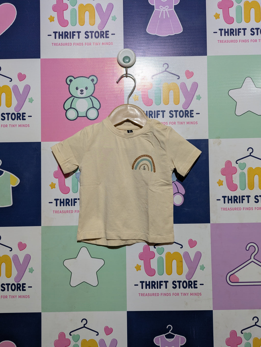 Newborn Unisex But Preffer As Girls Beige Rainbow Embroidered Short Sleeve Tee - Size Estimated Age 2-4 Months AB2