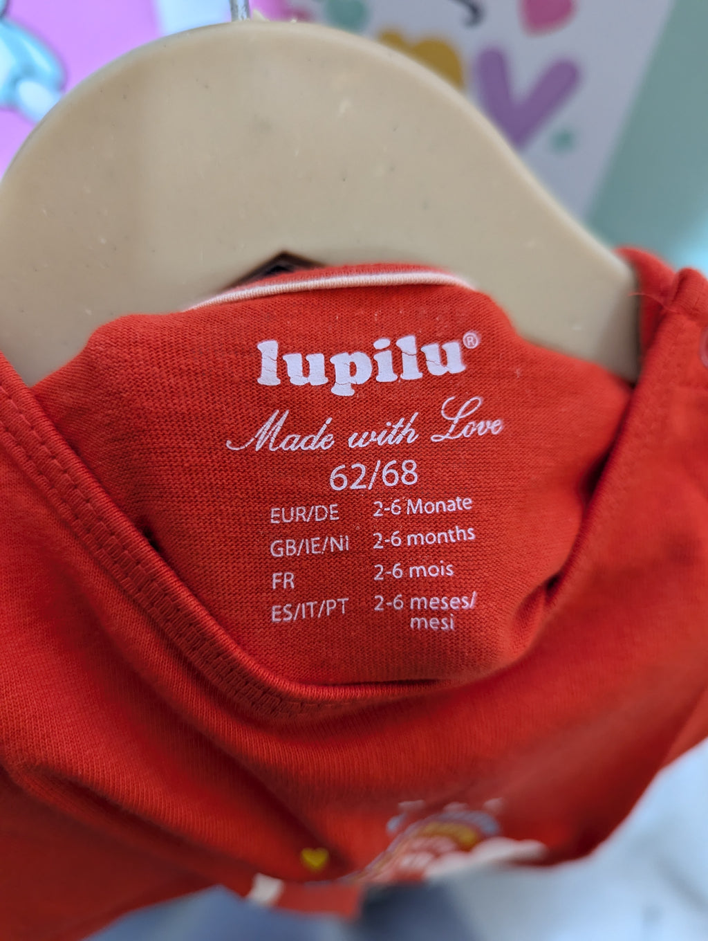 Lupilu Baby Girls Vibrant Red Rainbow Heart Short Sleeve Tee - Size Estimated Age 2-6 Months AB2