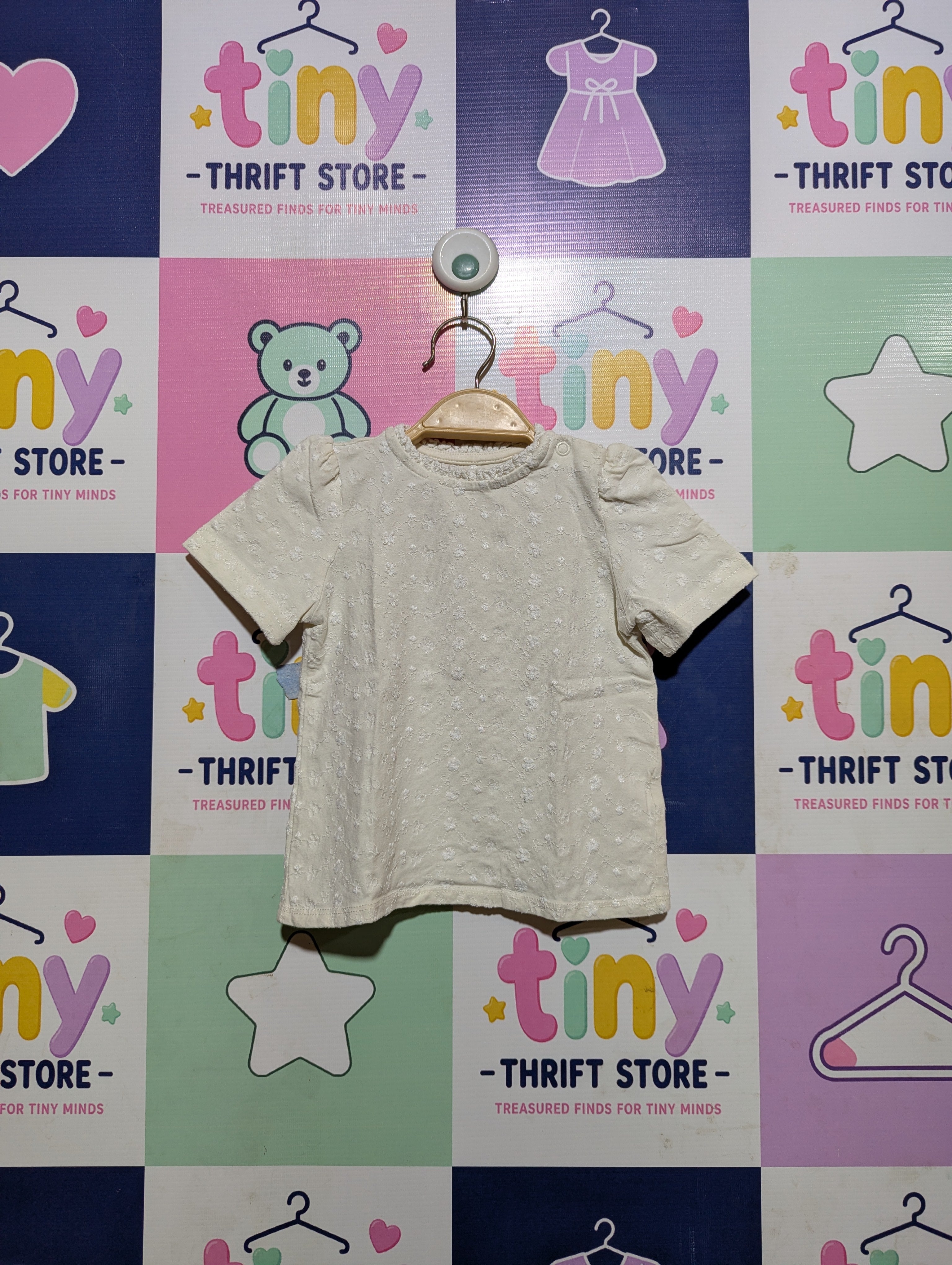 C&A Baby Girls Off-White Embroidered Short Sleeve Tee - Size Estimated Age 9-12 Months AB2