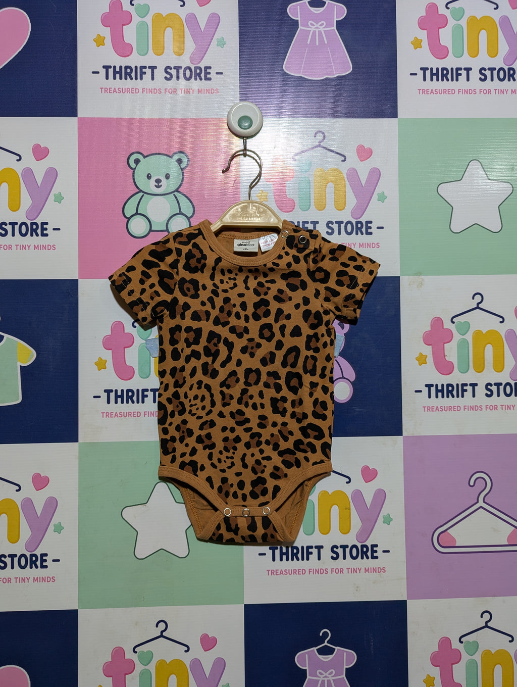 Mini Gina Tricot Baby Girls Brown Leopard Print Short Sleeve Bodysuit - Size Estimated Age 4-6 Months AB2