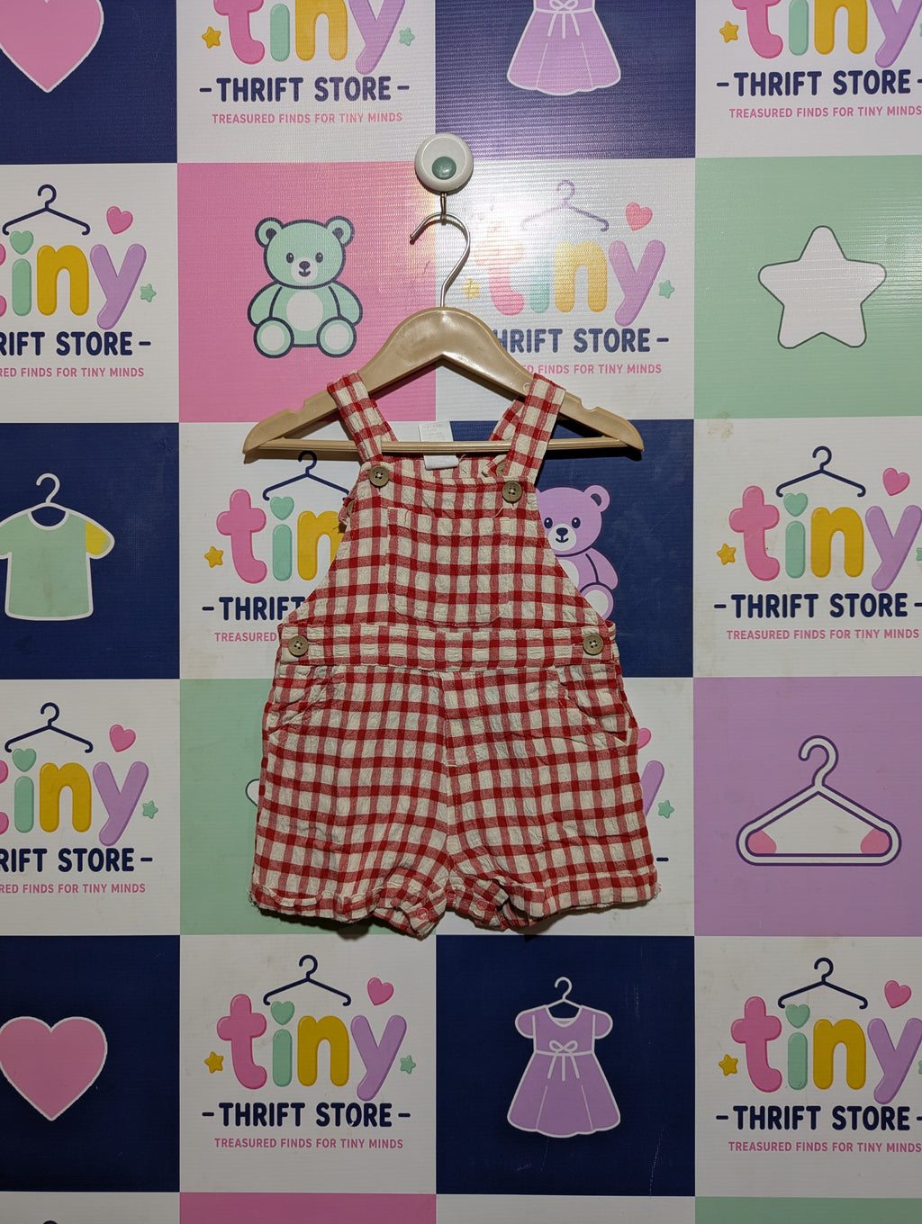 Baby Berry Baby Girls Red & White Gingham Checkered Overalls Romper - Size Estimated Age 6-12 Months AB2