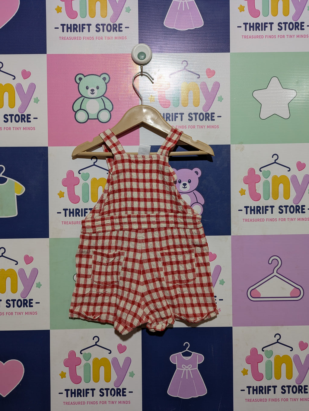 Baby Berry Baby Girls Red & White Gingham Checkered Overalls Romper - Size Estimated Age 6-12 Months AB2