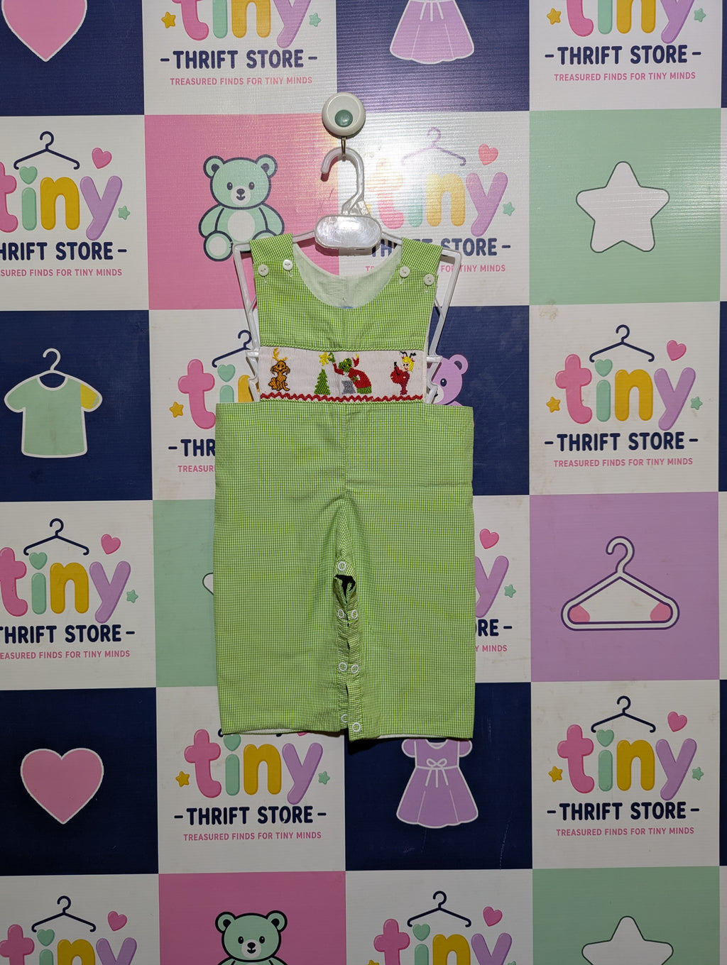 The Smocking Bug Baby Boys Green & White Gingham Smocked Romper - Size Estimated Age 6 Months AB2