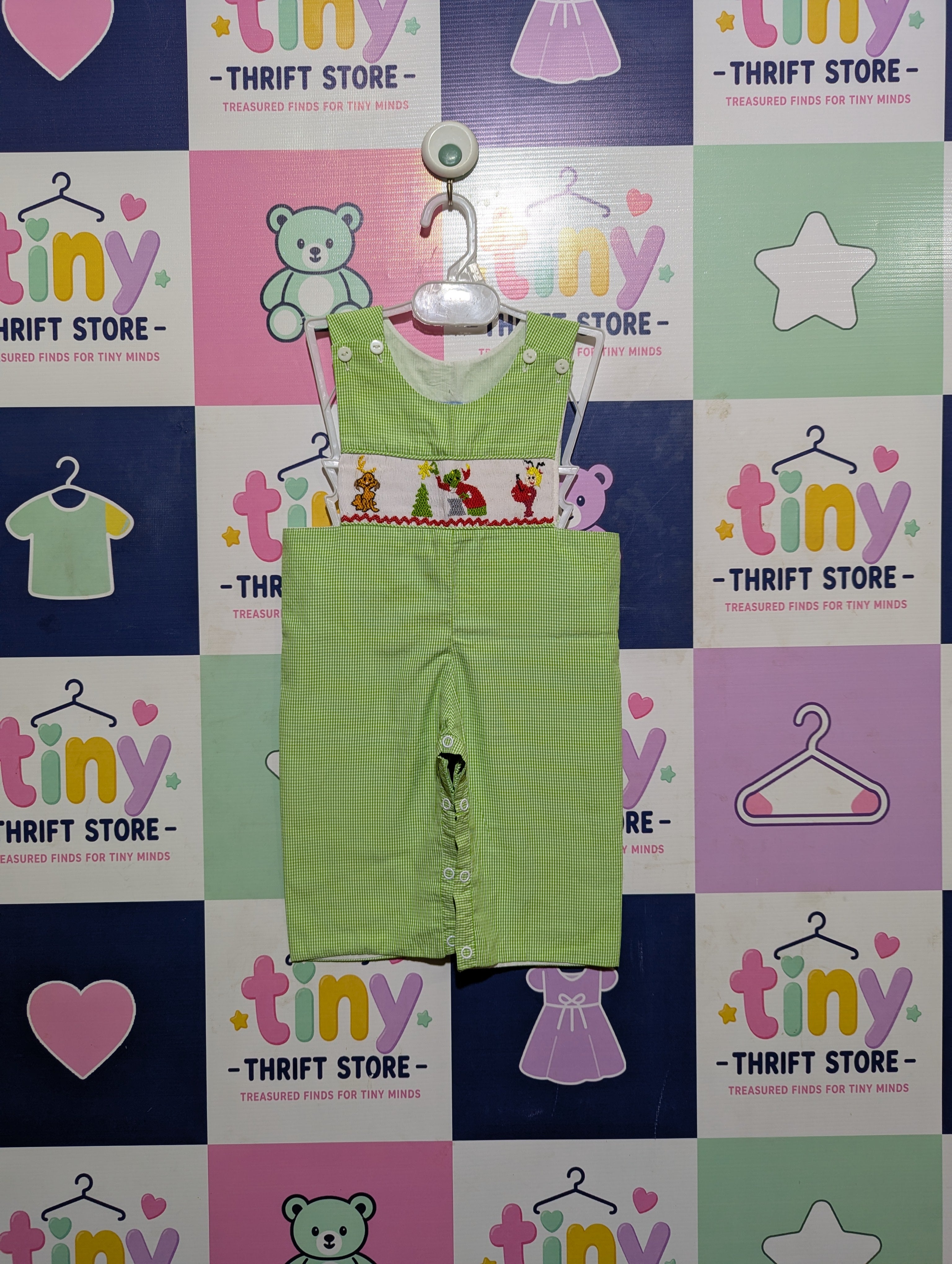 The Smocking Bug Baby Boys Green & White Gingham Smocked Romper - Size Estimated Age 6 Months AB2