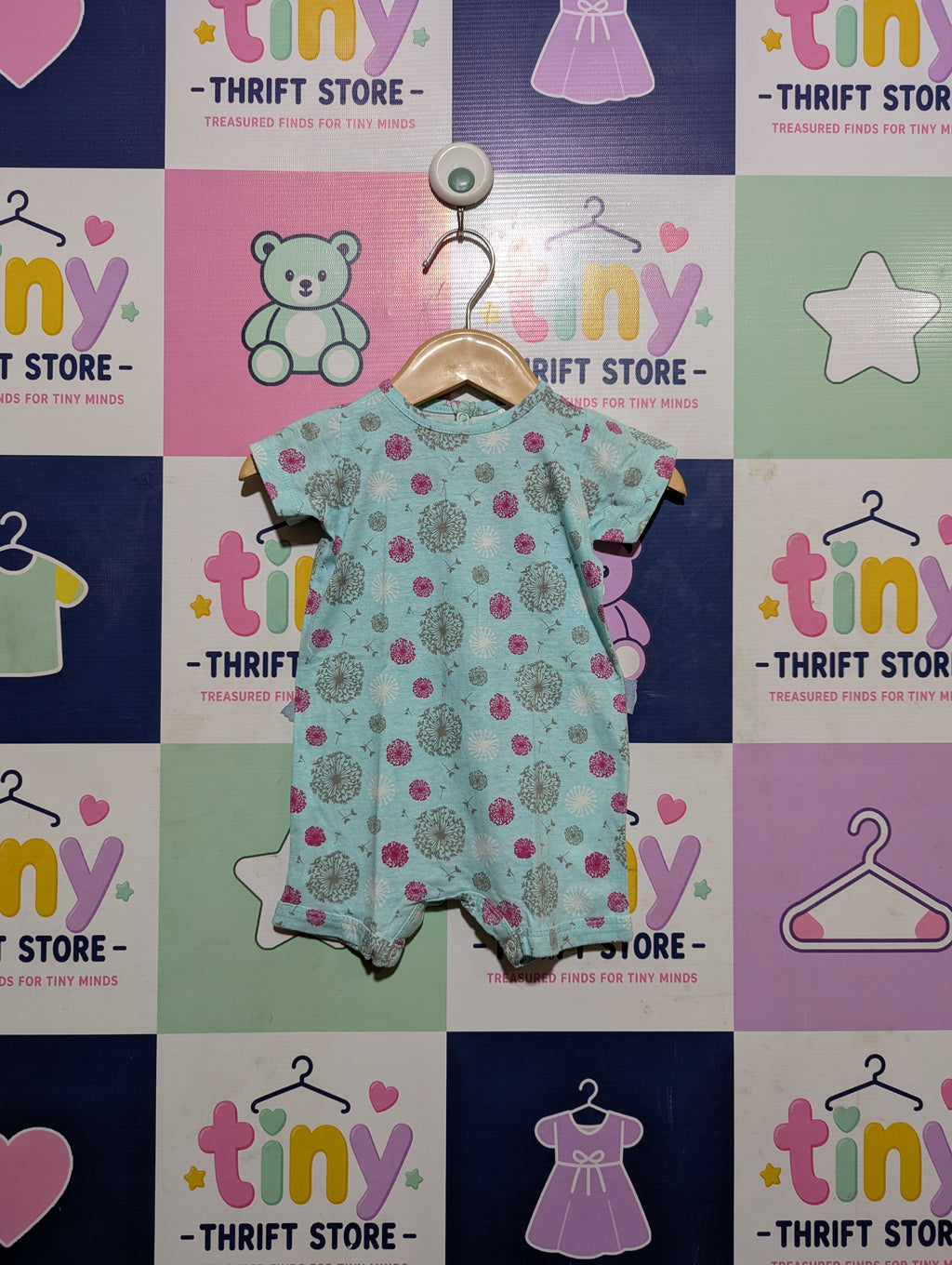 Little One Baby Girls Mint Green & Pink Floral Dandelion Print Romper - Size Estimated Age 0-3 Months AB2