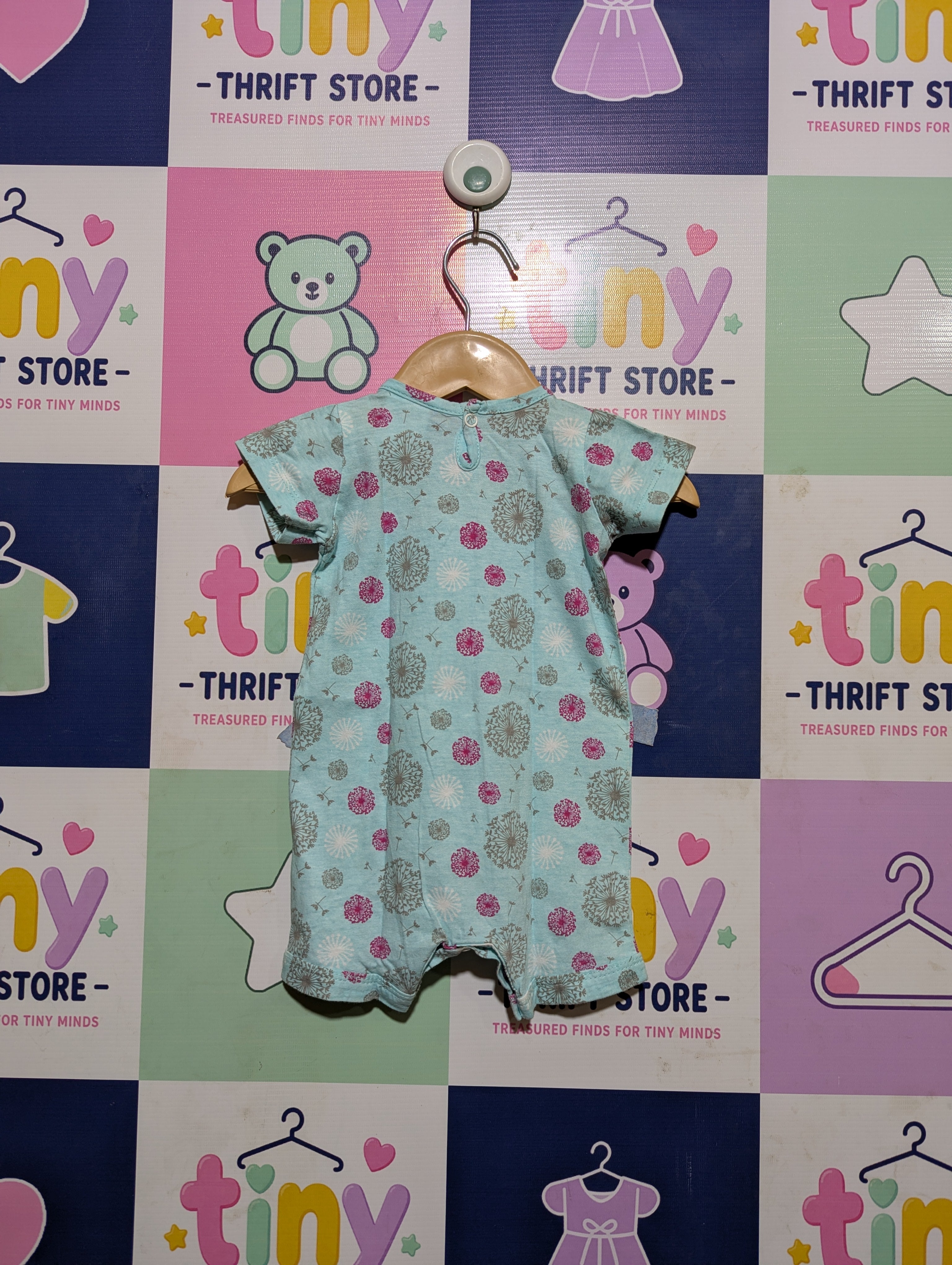 Little One Baby Girls Mint Green & Pink Floral Dandelion Print Romper - Size Estimated Age 0-3 Months AB2