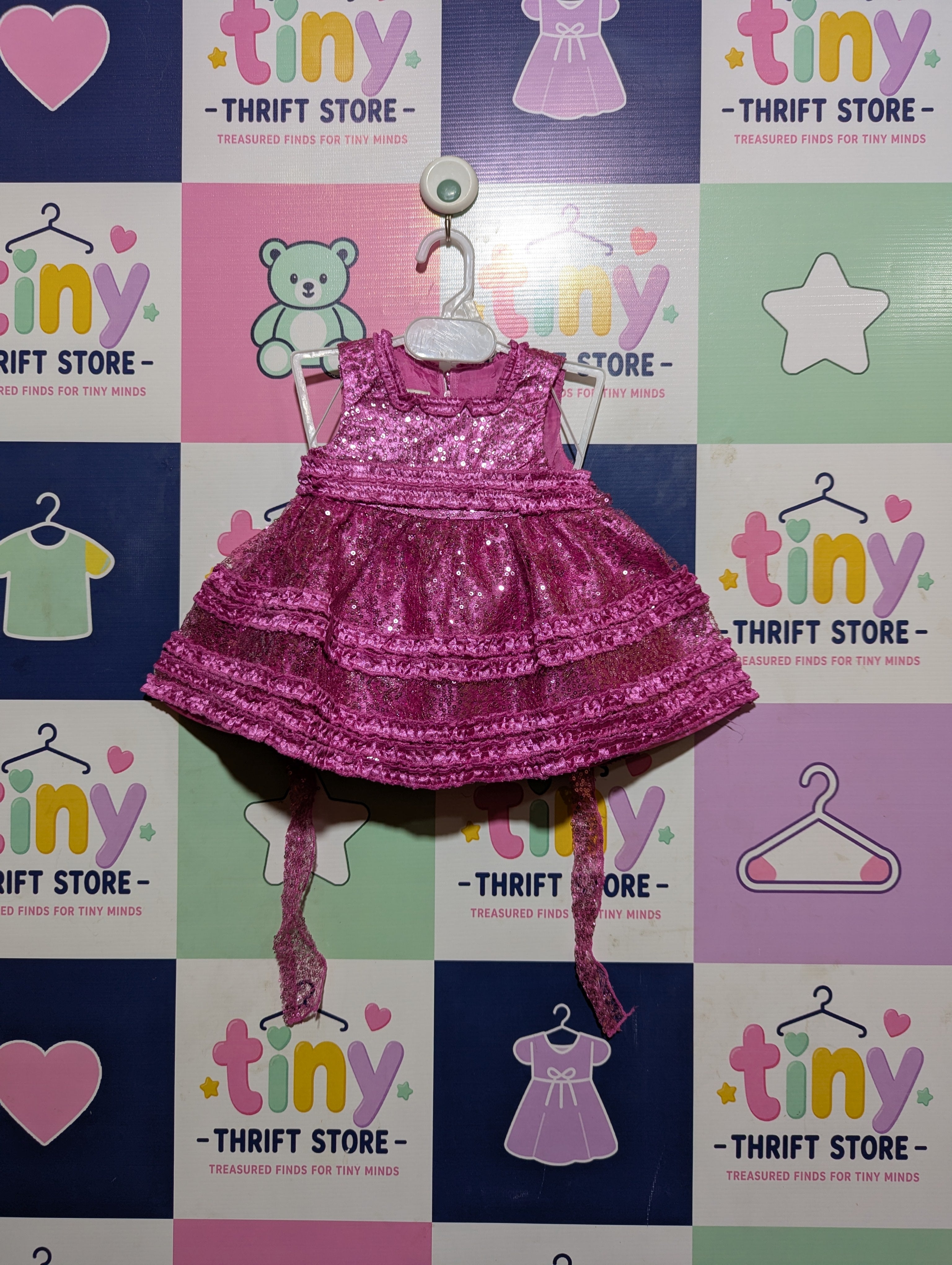 American Princess Baby Girls Magenta Sequin Ruffle Party Dress - Size Estimated Age 6 Months AB2