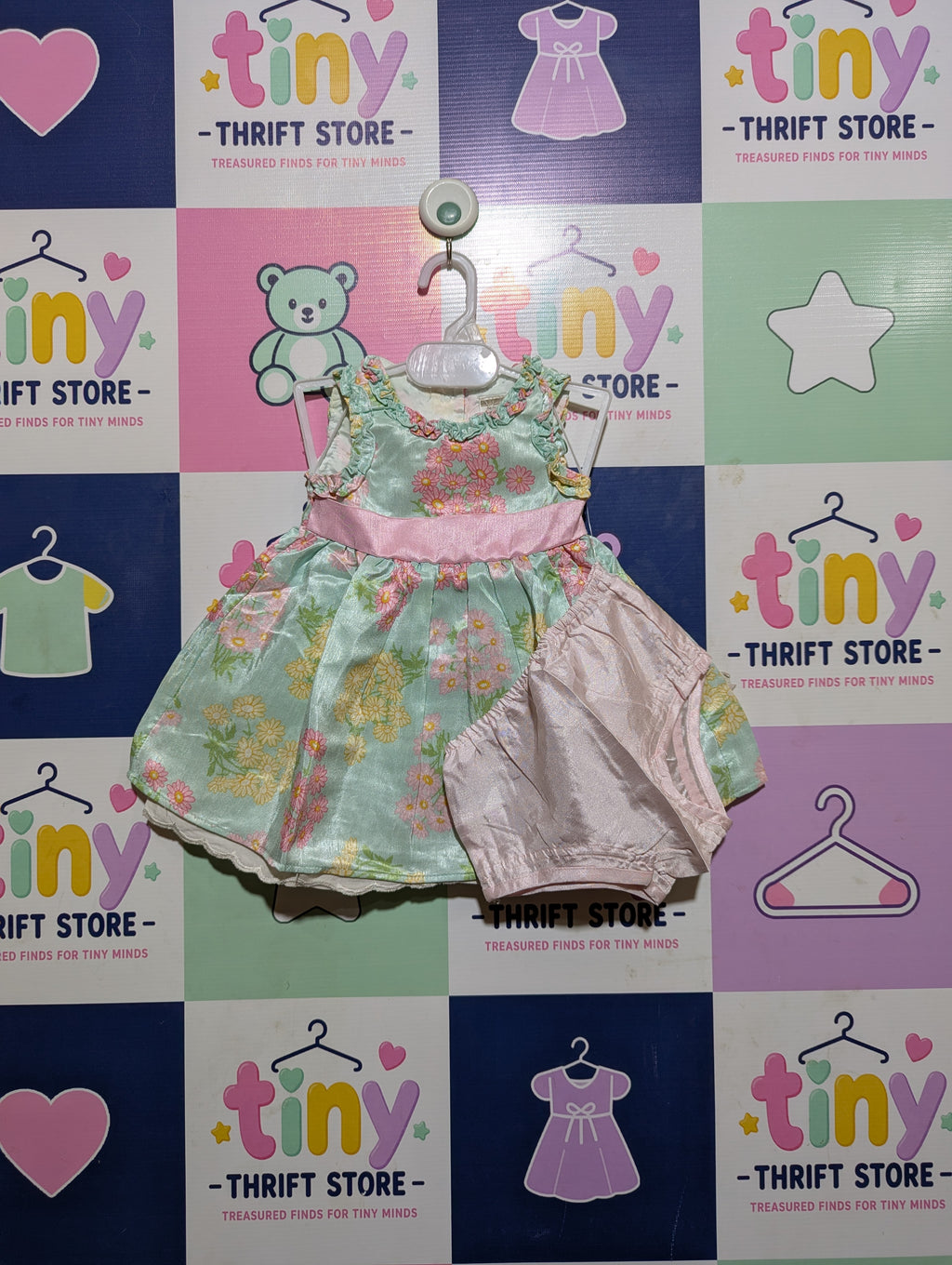 George Baby Girls Mint Green Floral Sleeveless Dress & Bloomers Set - Size Estimated Age 3-6 Months AB2