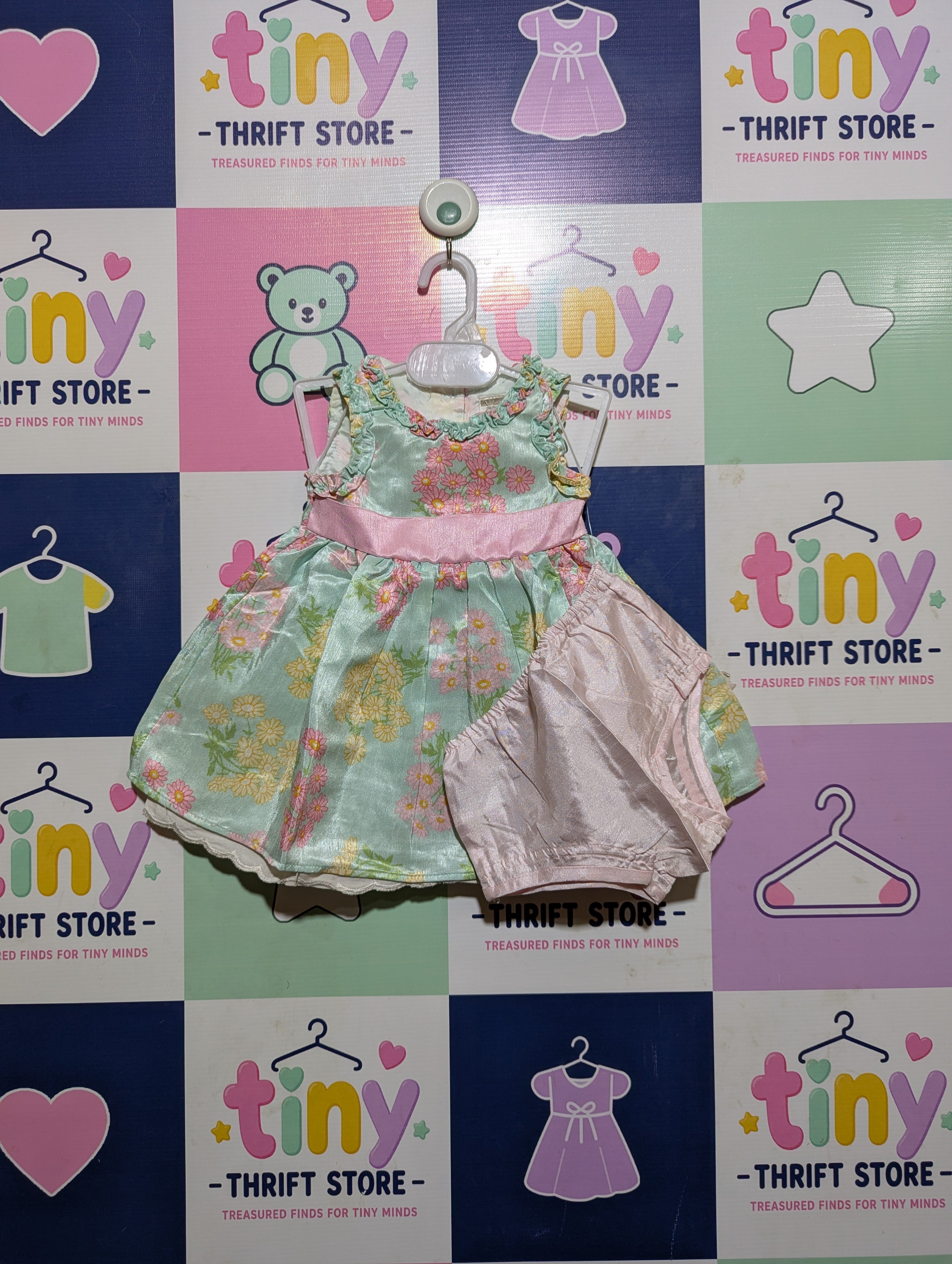 George Baby Girls Mint Green Floral Sleeveless Dress & Bloomers Set - Size Estimated Age 3-6 Months AB2