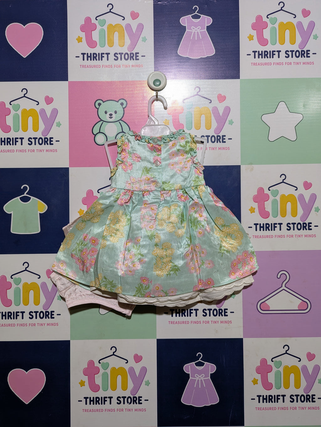 George Baby Girls Mint Green Floral Sleeveless Dress & Bloomers Set - Size Estimated Age 3-6 Months AB2
