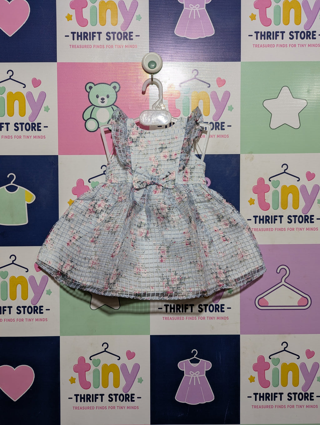 Mia & Mimi Baby Girls Light Blue Floral Grid Ruffle Dress - Size Estimated Age 6-9 Months AB2