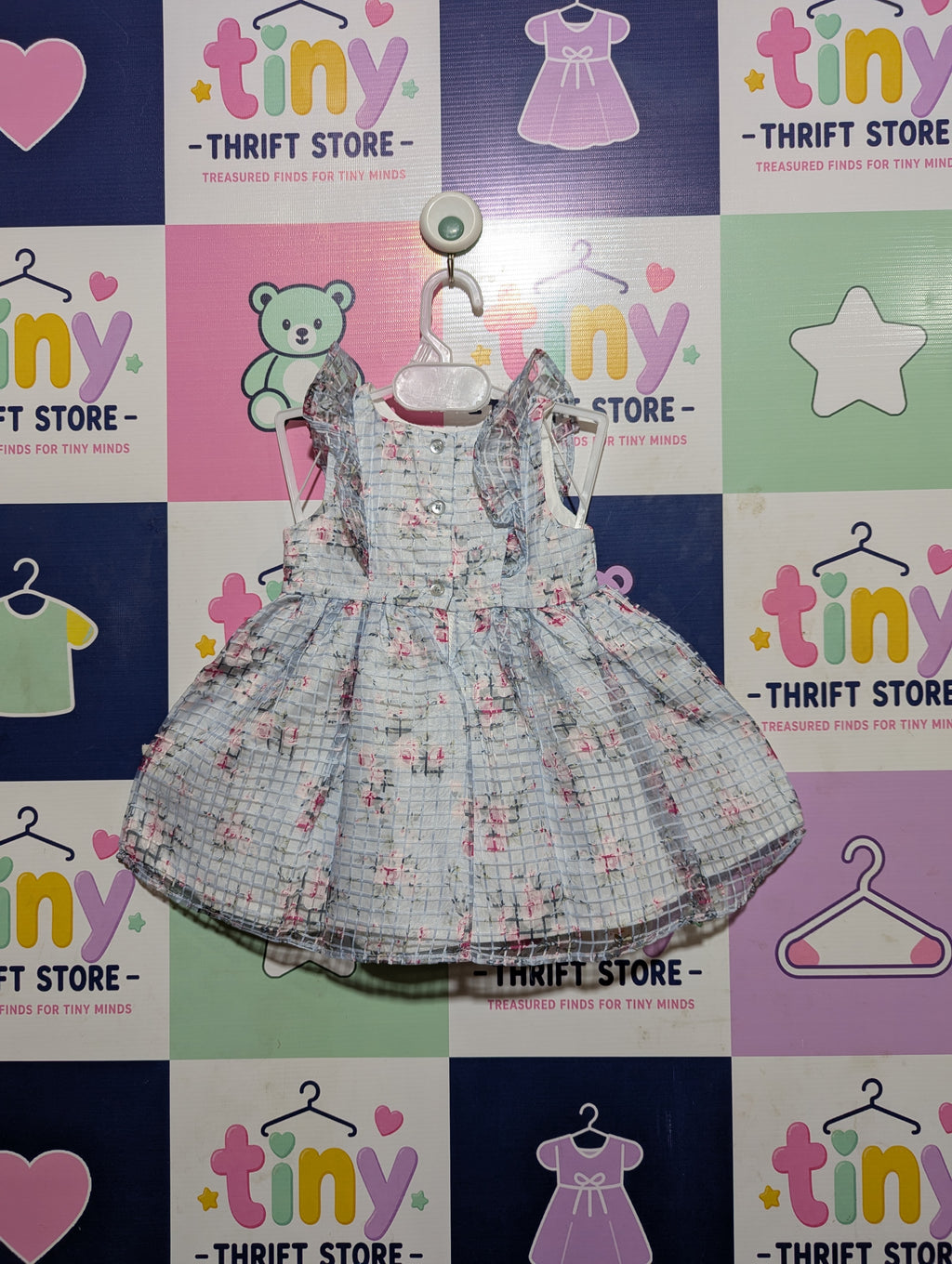 Mia & Mimi Baby Girls Light Blue Floral Grid Ruffle Dress - Size Estimated Age 6-9 Months AB2