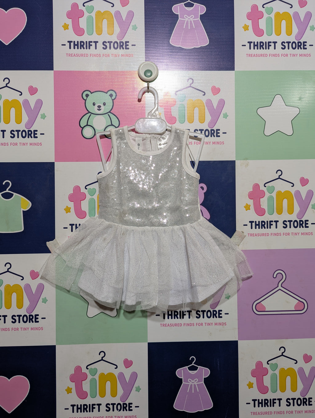 Dymples Baby Girls White Sequin Sparkle Tulle Party Dress - Size Estimated Age 6 Months AB2