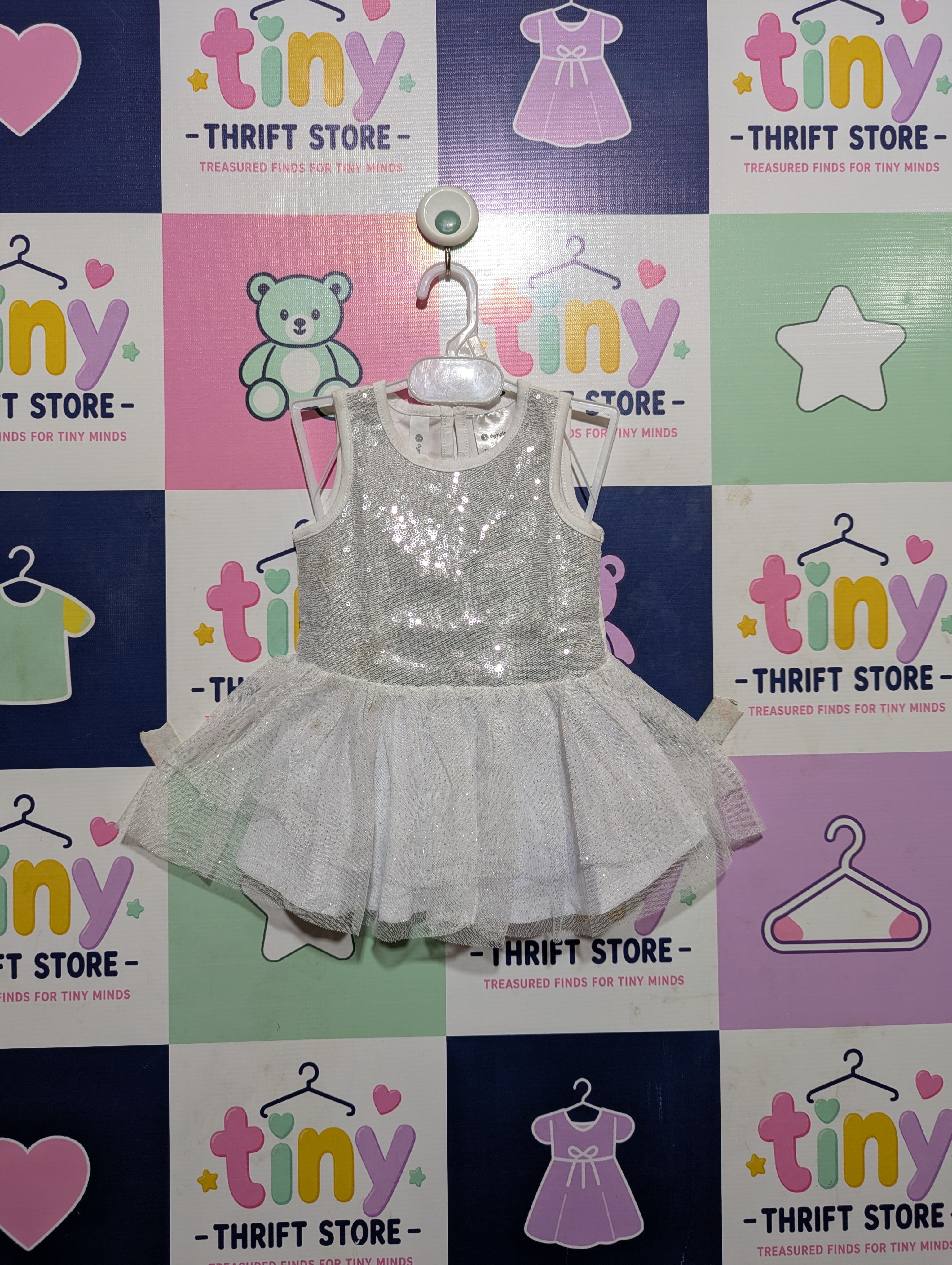 Dymples Baby Girls White Sequin Sparkle Tulle Party Dress - Size Estimated Age 6 Months AB2