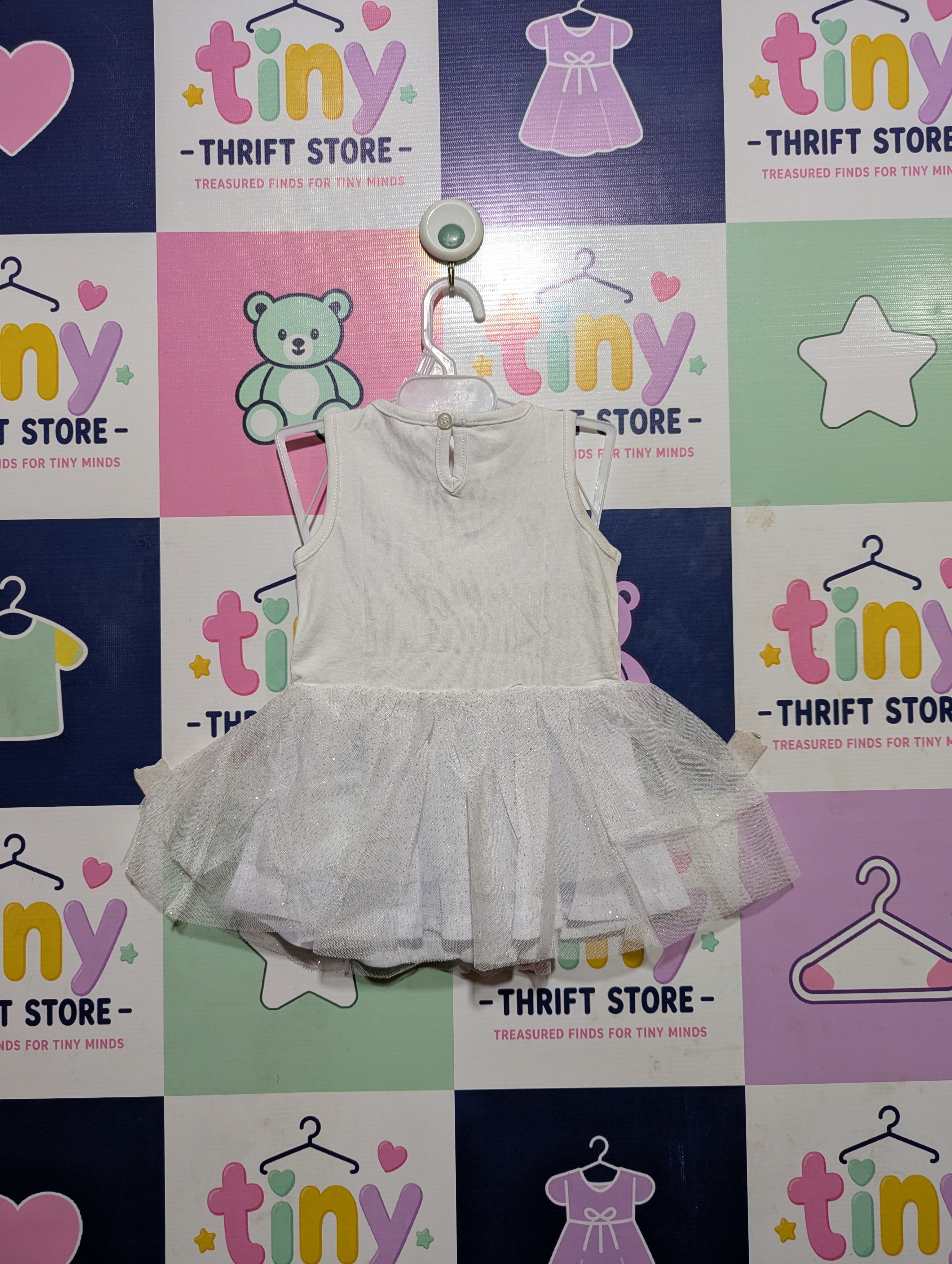 Dymples Baby Girls White Sequin Sparkle Tulle Party Dress - Size Estimated Age 6 Months AB2
