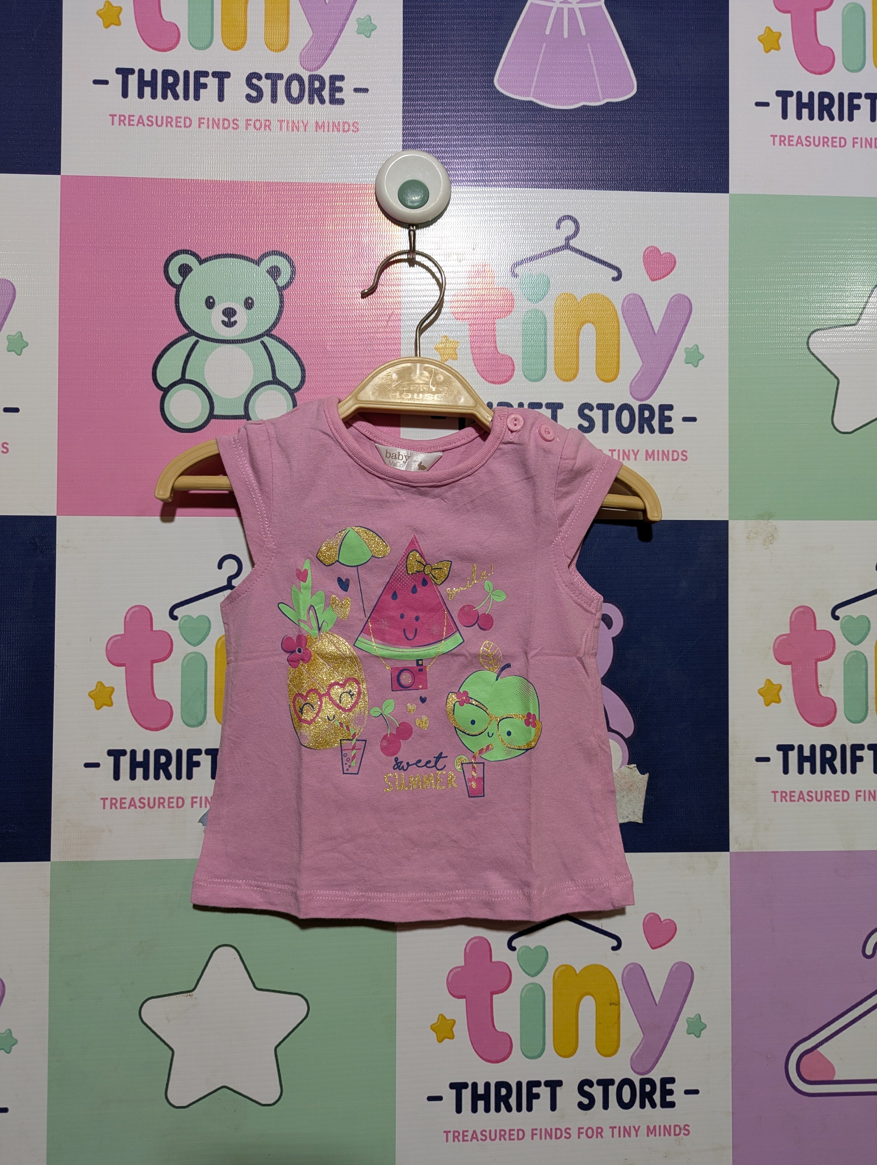 M&Co Baby Girls Pink "Sweet Summer" Fruit Graphic Top - Size Estimated Age 3-6 Months AB2