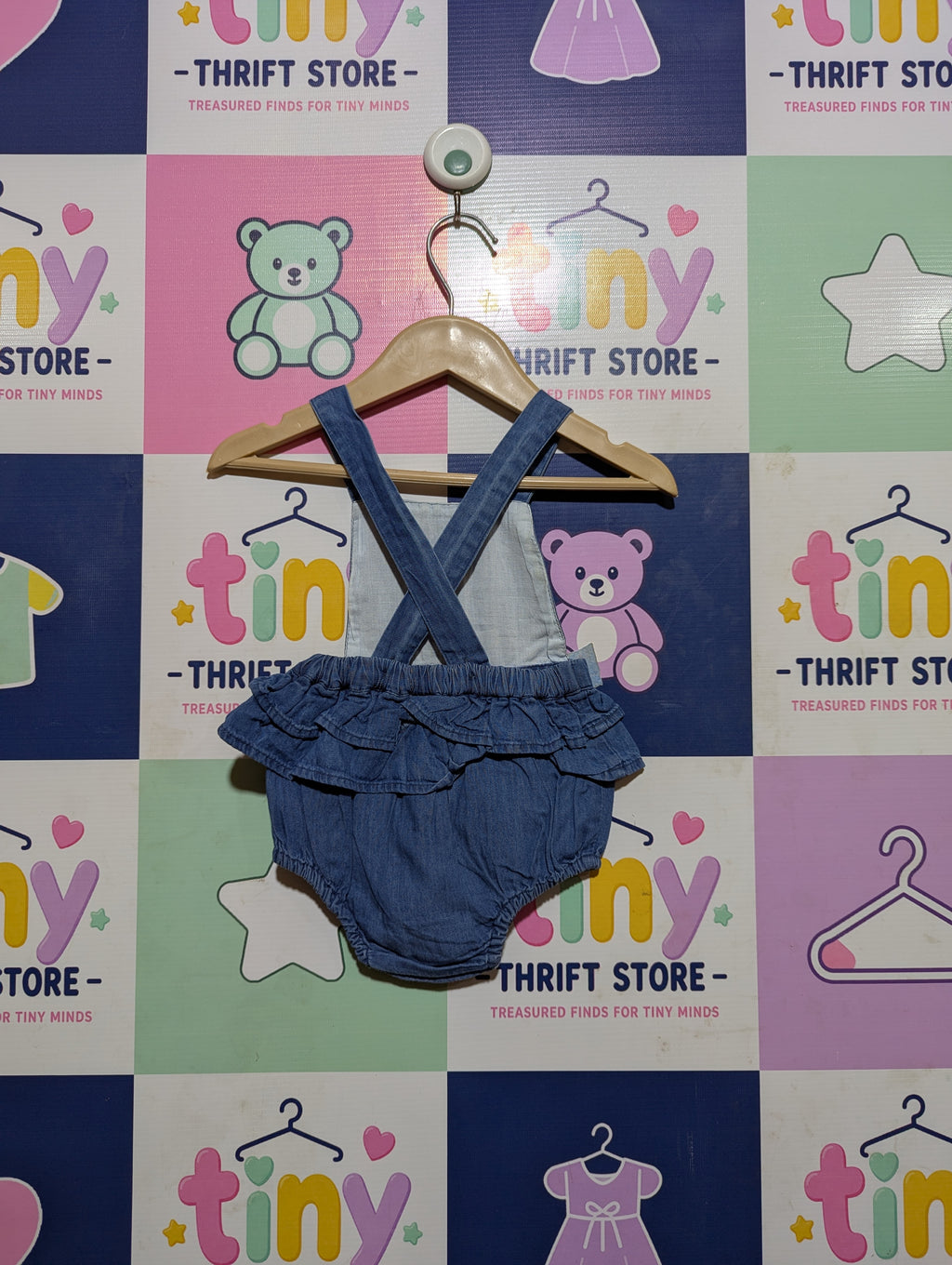Matalan Baby Girls Blue Denim Ruffle Romper Playsuit - Size Estimated Age 3-6 Months AB2