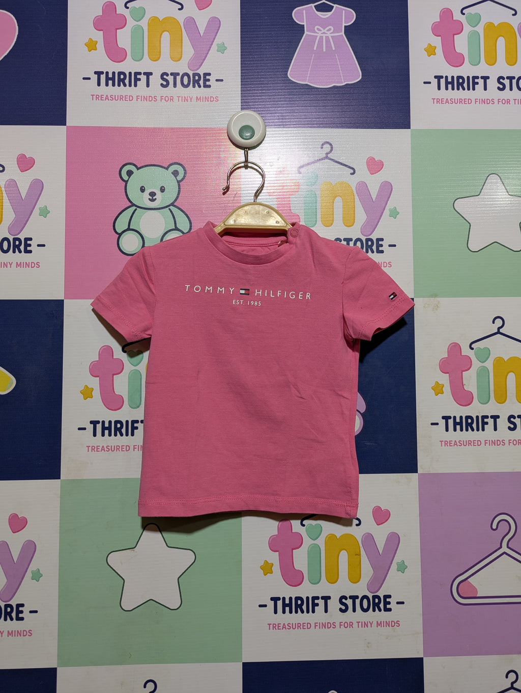 Tommy Hilfiger Baby Girls Pink "EST. 1985" Logo Short Sleeve Tee - Size Estimated Age 6-9 Months AB2