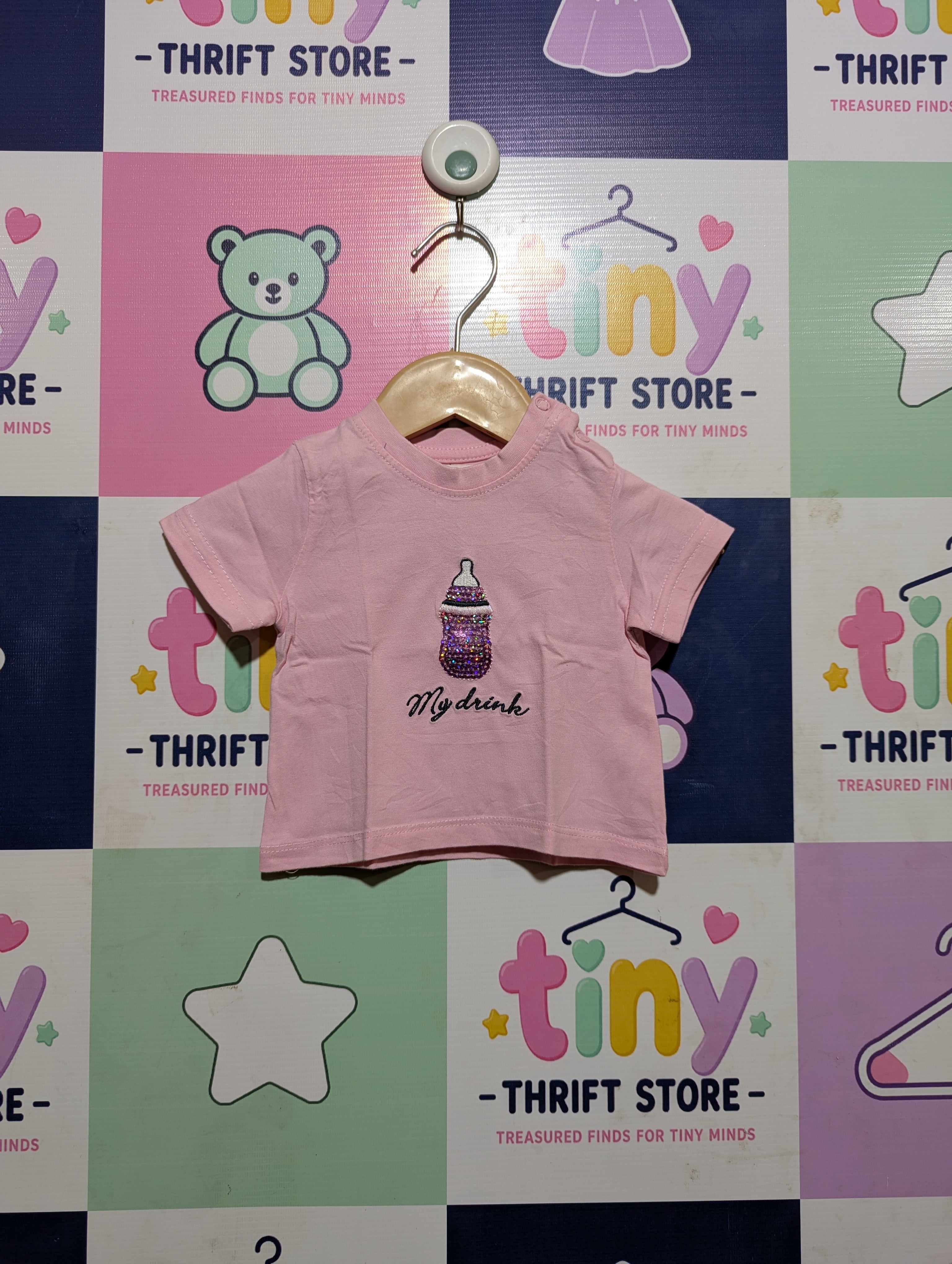 Blukids Baby Girls Pink "My Drink" Sparkle Graphic Tee - Size Estimated Age 3-6 Months AB2