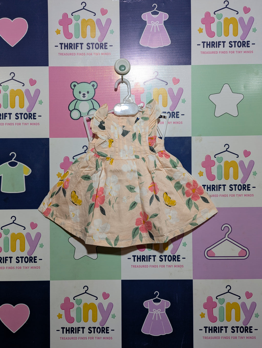 Carter's Baby Girls Peach Floral & Butterfly Ruffle Dress - Size Estimated Age 3 Months AB2
