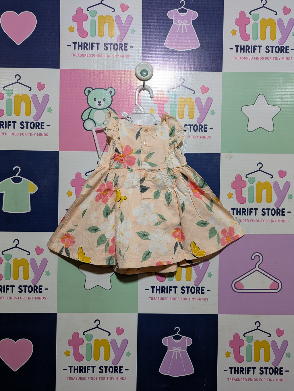 Carter's Baby Girls Peach Floral & Butterfly Ruffle Dress - Size Estimated Age 3 Months AB2