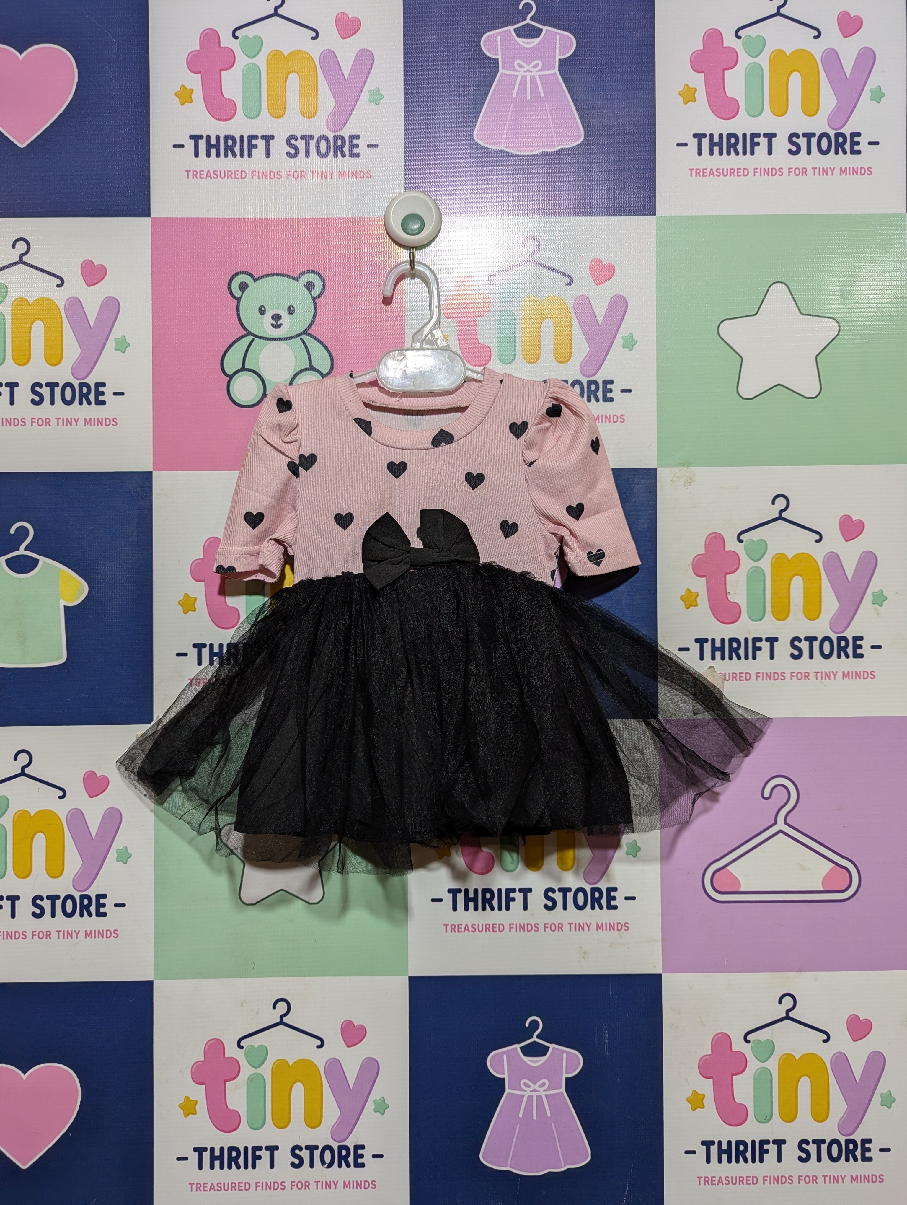 SHEIN Baby Girls Pink & Black Heart Print Tutu Dress - Size Estimated Age 3-6 Months AB2