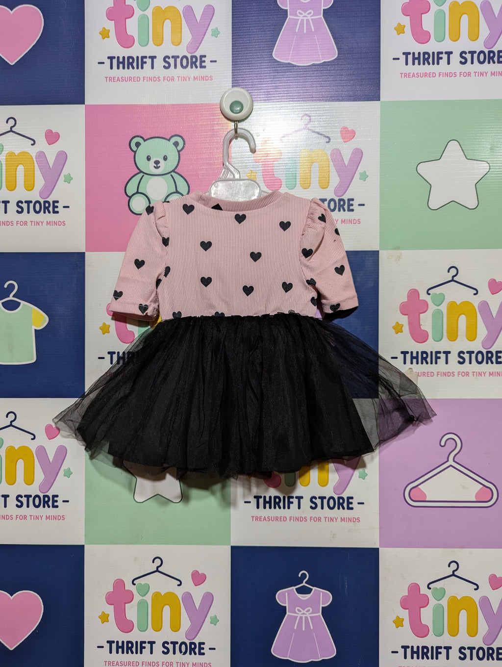 SHEIN Baby Girls Pink & Black Heart Print Tutu Dress - Size Estimated Age 3-6 Months AB2