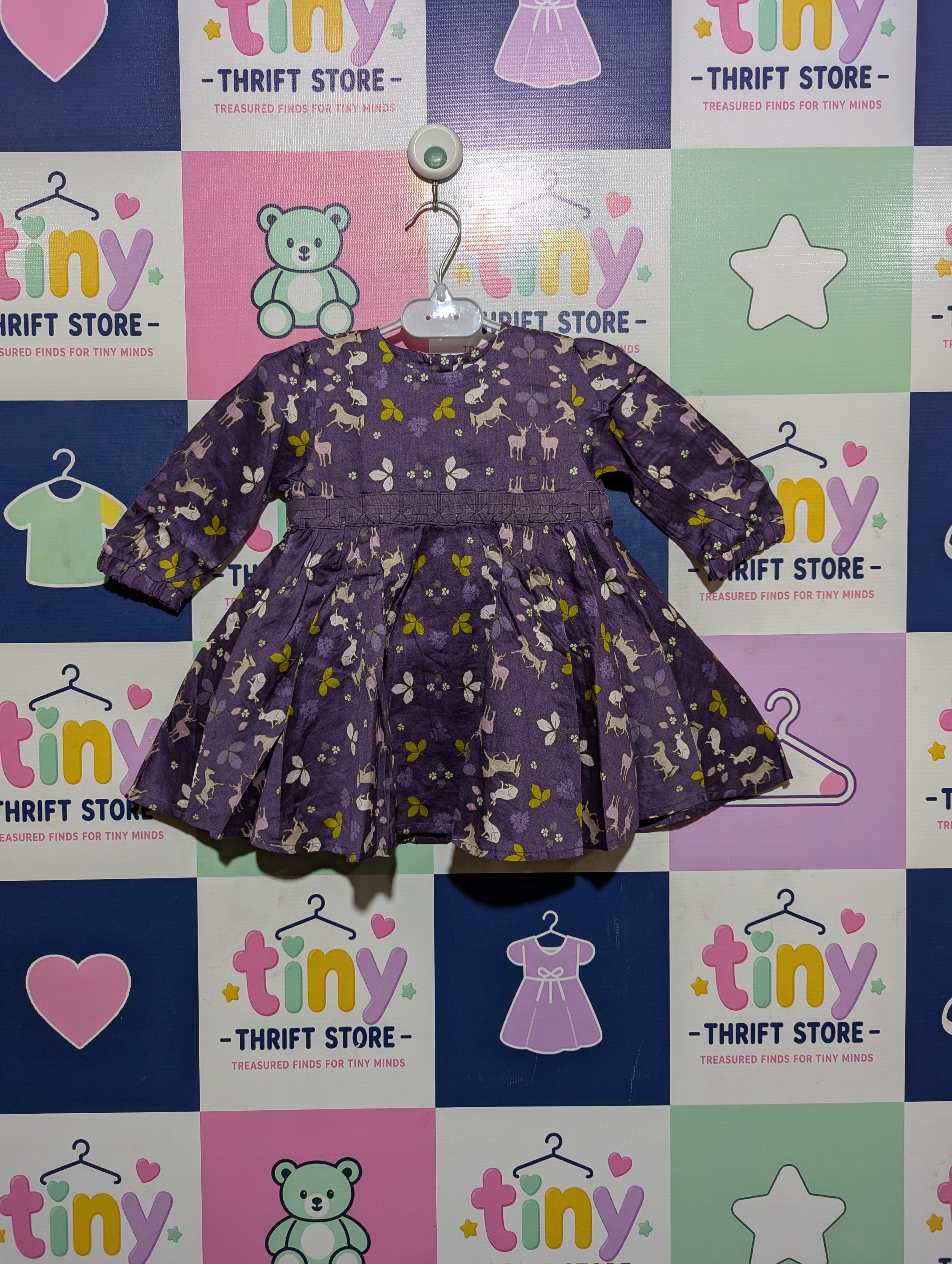 name it. Baby Girls Purple Woodland Animal Print Long Sleeve Dress - Size Estimated Age 6-9 Months AB2