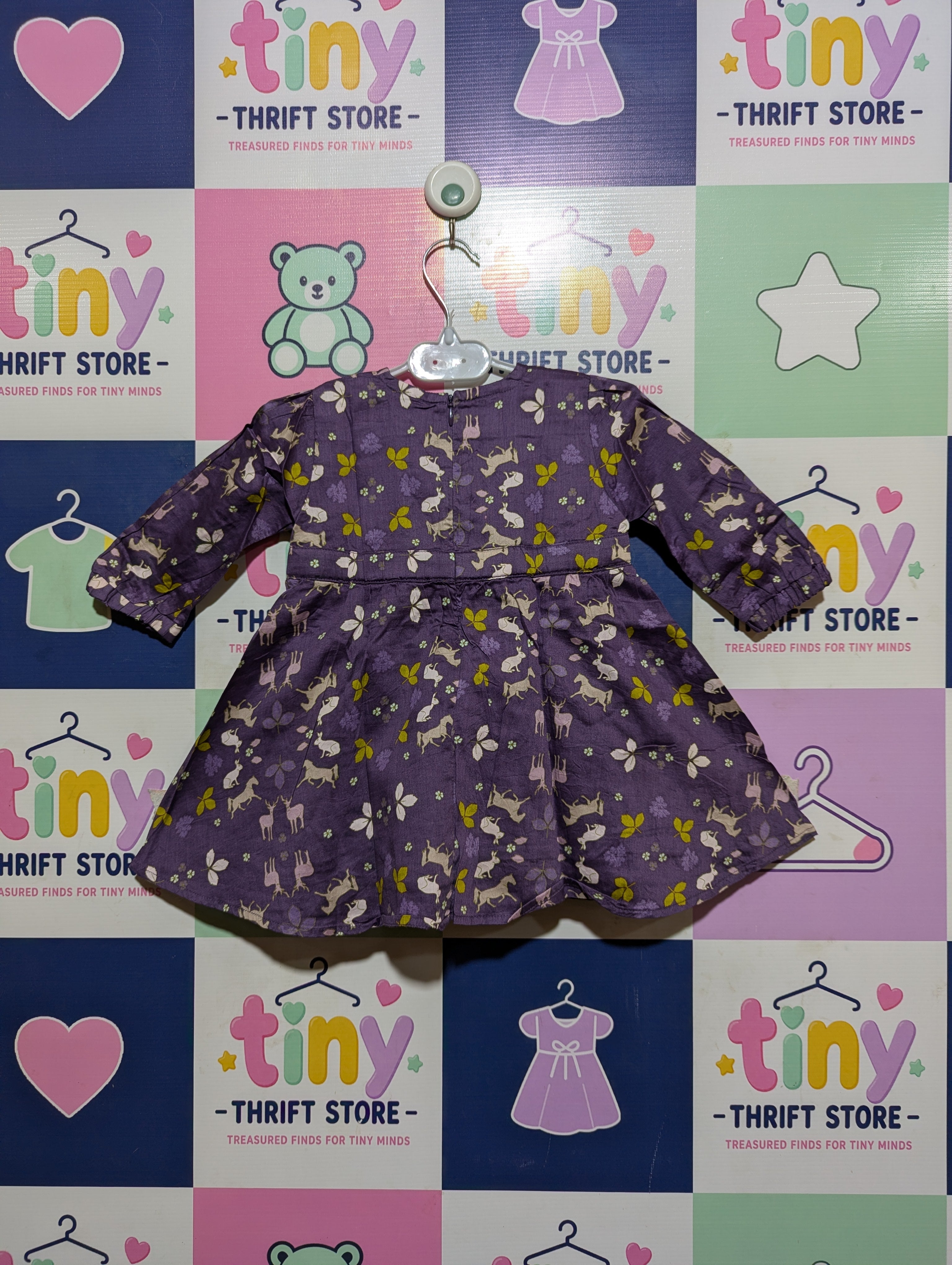 name it. Baby Girls Purple Woodland Animal Print Long Sleeve Dress - Size Estimated Age 6-9 Months AB2