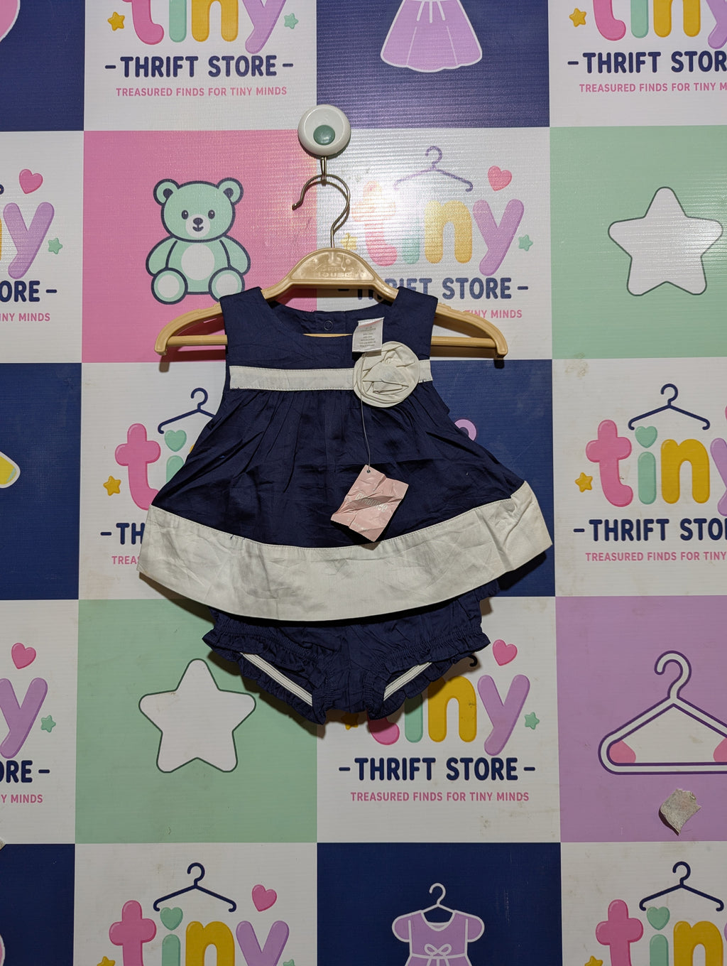 Gymboree Baby Girls Navy Blue & White Floral Applique Dress Set - Size Estimated Age 3-6 Months AB2