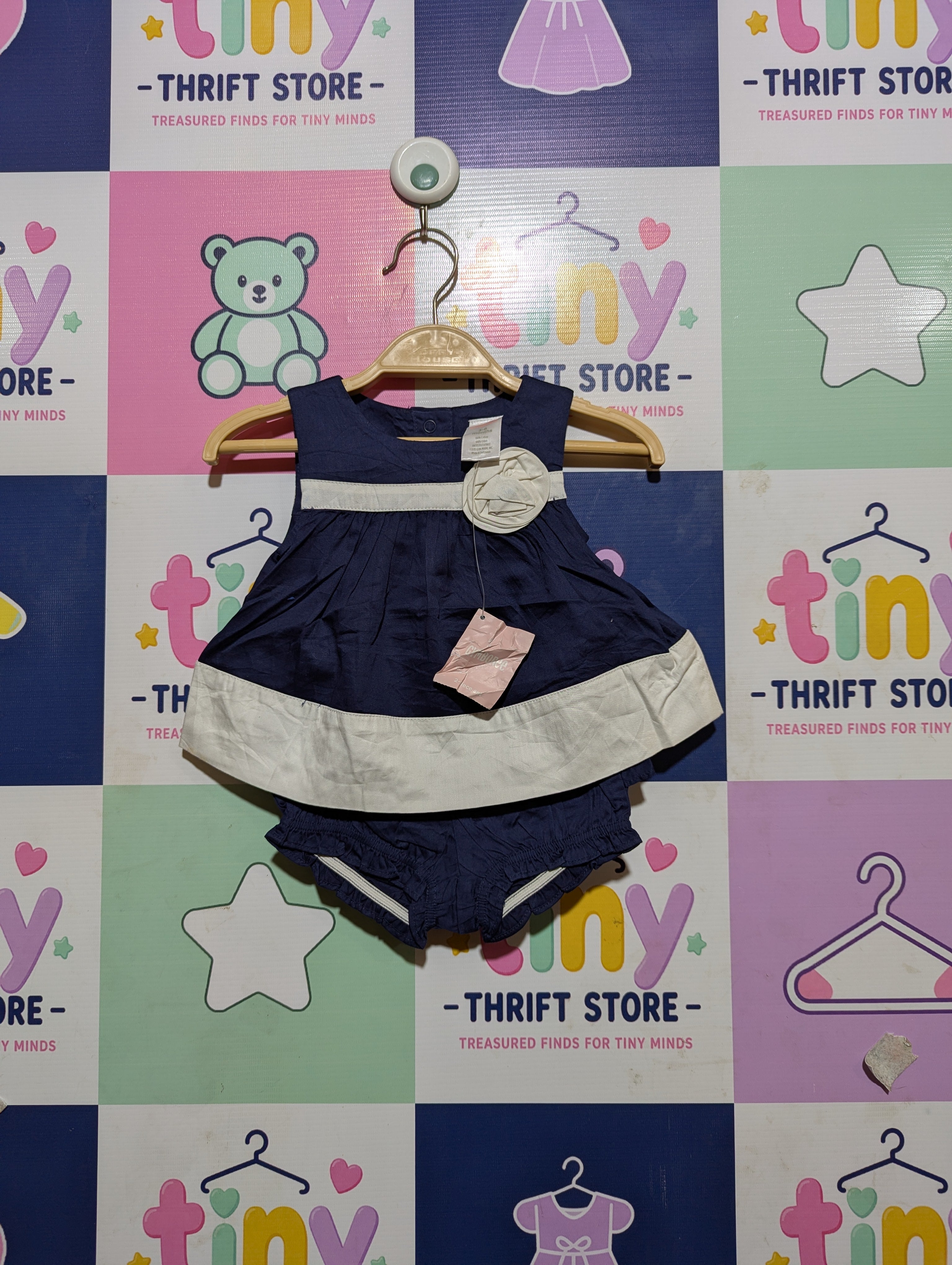 Gymboree Baby Girls Navy Blue & White Floral Applique Dress Set - Size Estimated Age 3-6 Months AB2