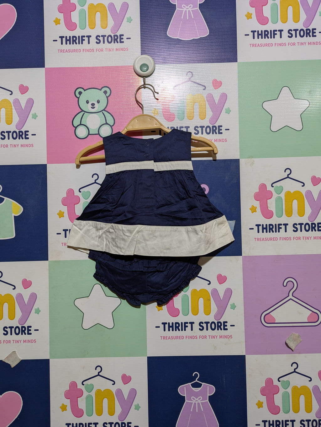 Gymboree Baby Girls Navy Blue & White Floral Applique Dress Set - Size Estimated Age 3-6 Months AB2