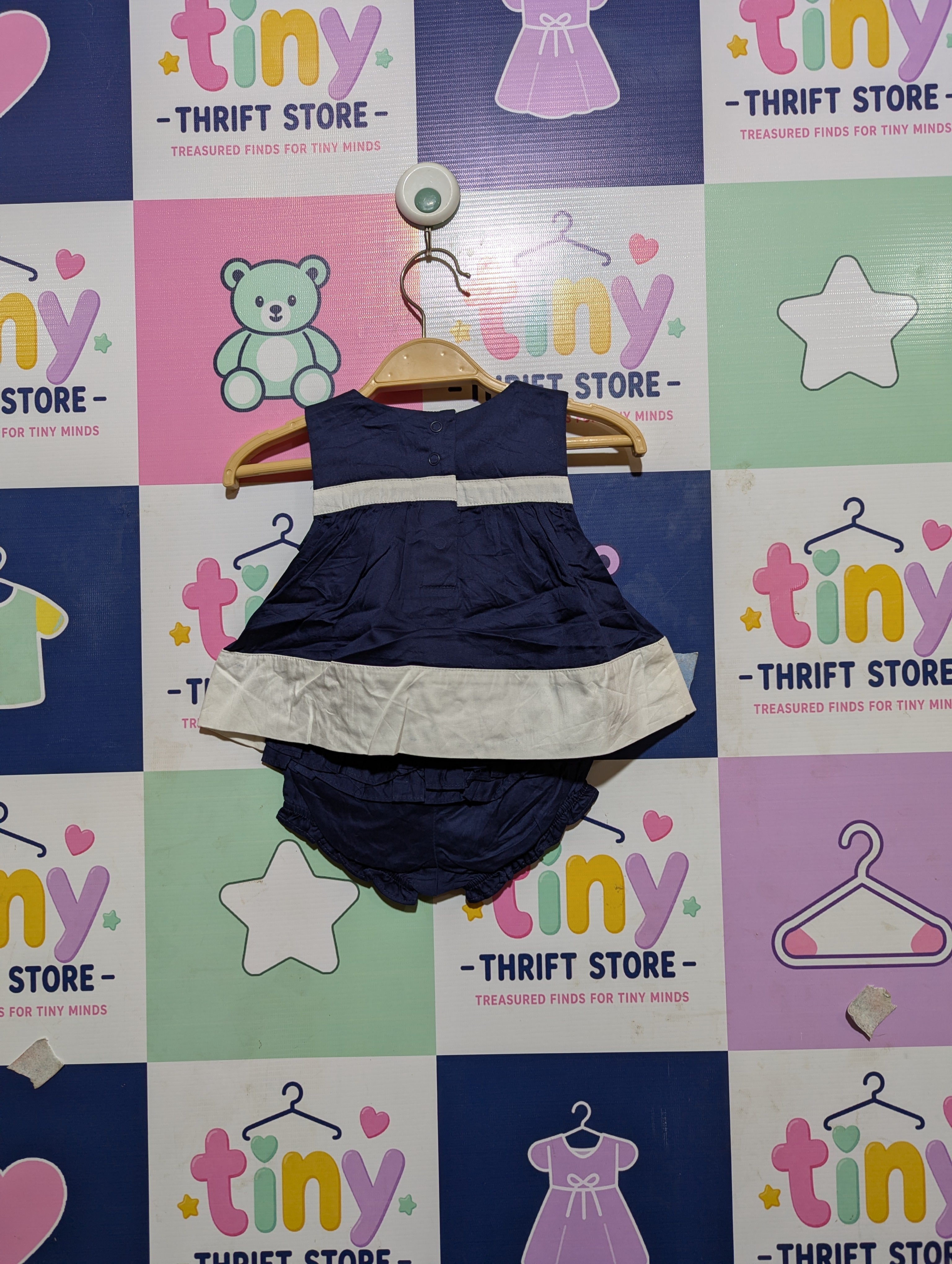Gymboree Baby Girls Navy Blue & White Floral Applique Dress Set - Size Estimated Age 3-6 Months AB2