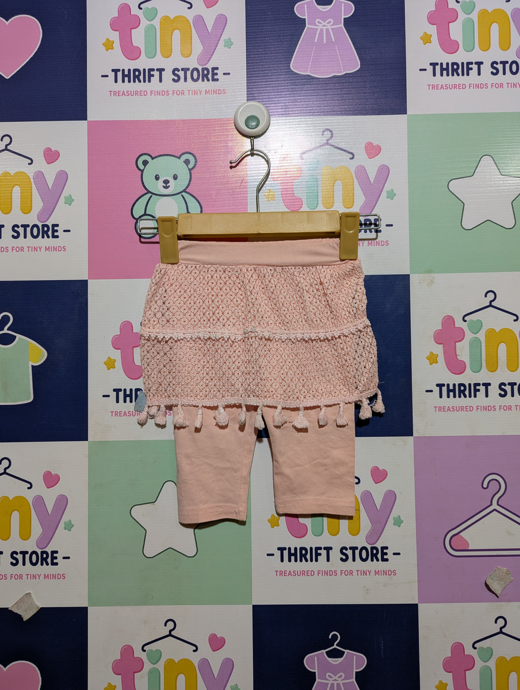 K-Fashion Girls Peach Lace Tassel Skirt Legging Set - Size Estimated Age 11 Months AB2