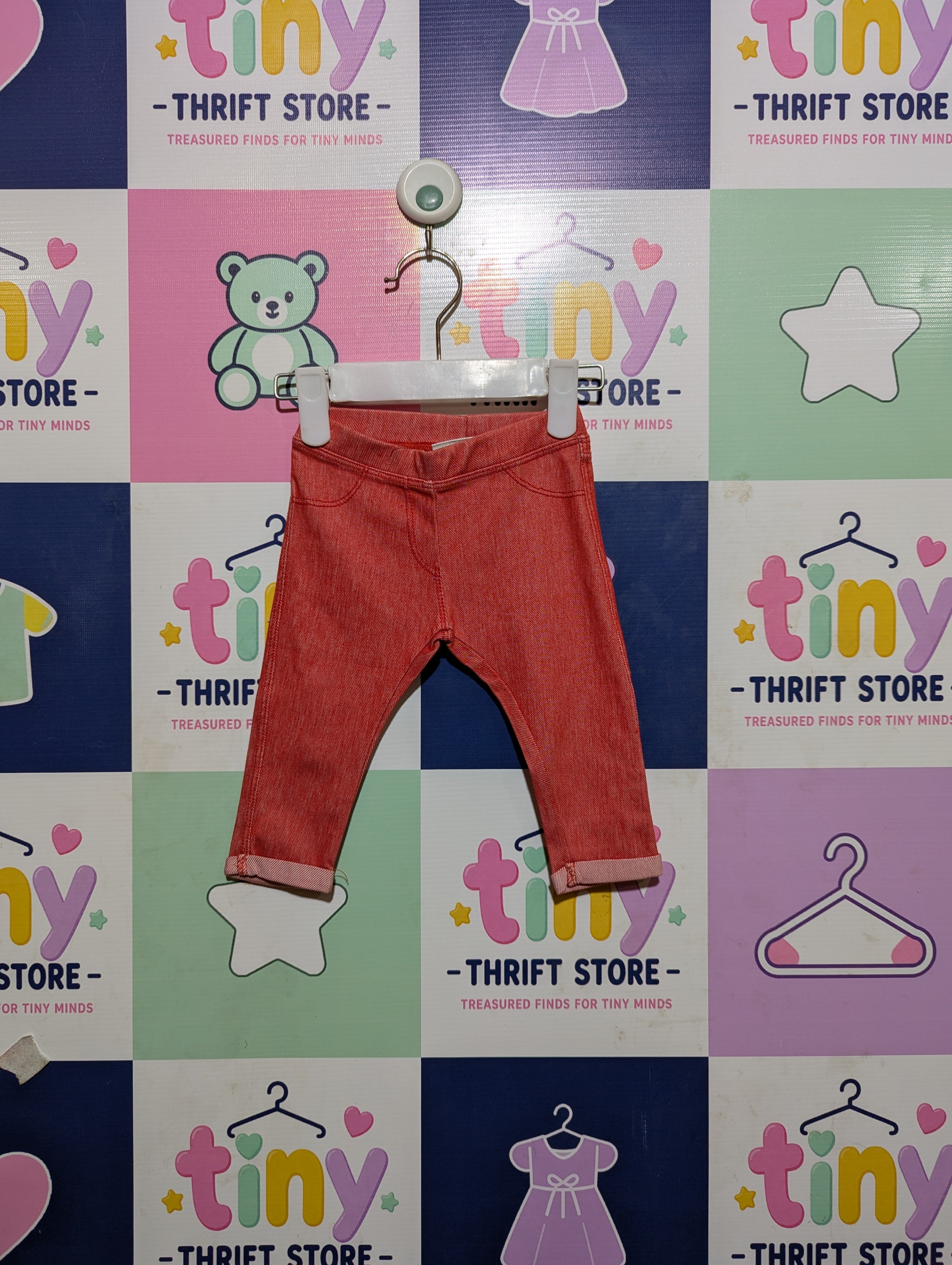 Zara BabyGirl Coral Orange Denim-Look Pull-On Capri Pants - Size 3-6 Months Estimated Age 3-6 Months AB2